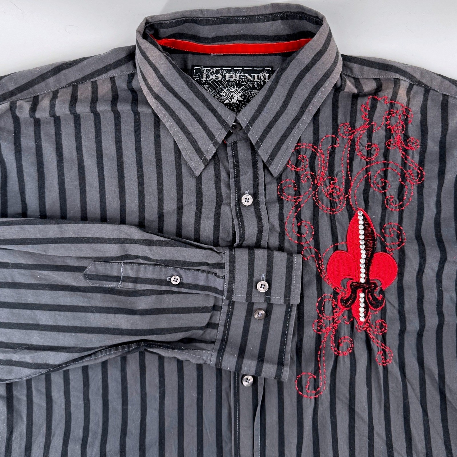 Do Denim Button Down Shirt Men XL Grey Black Stripe Fleur De Lis Red Embroidered