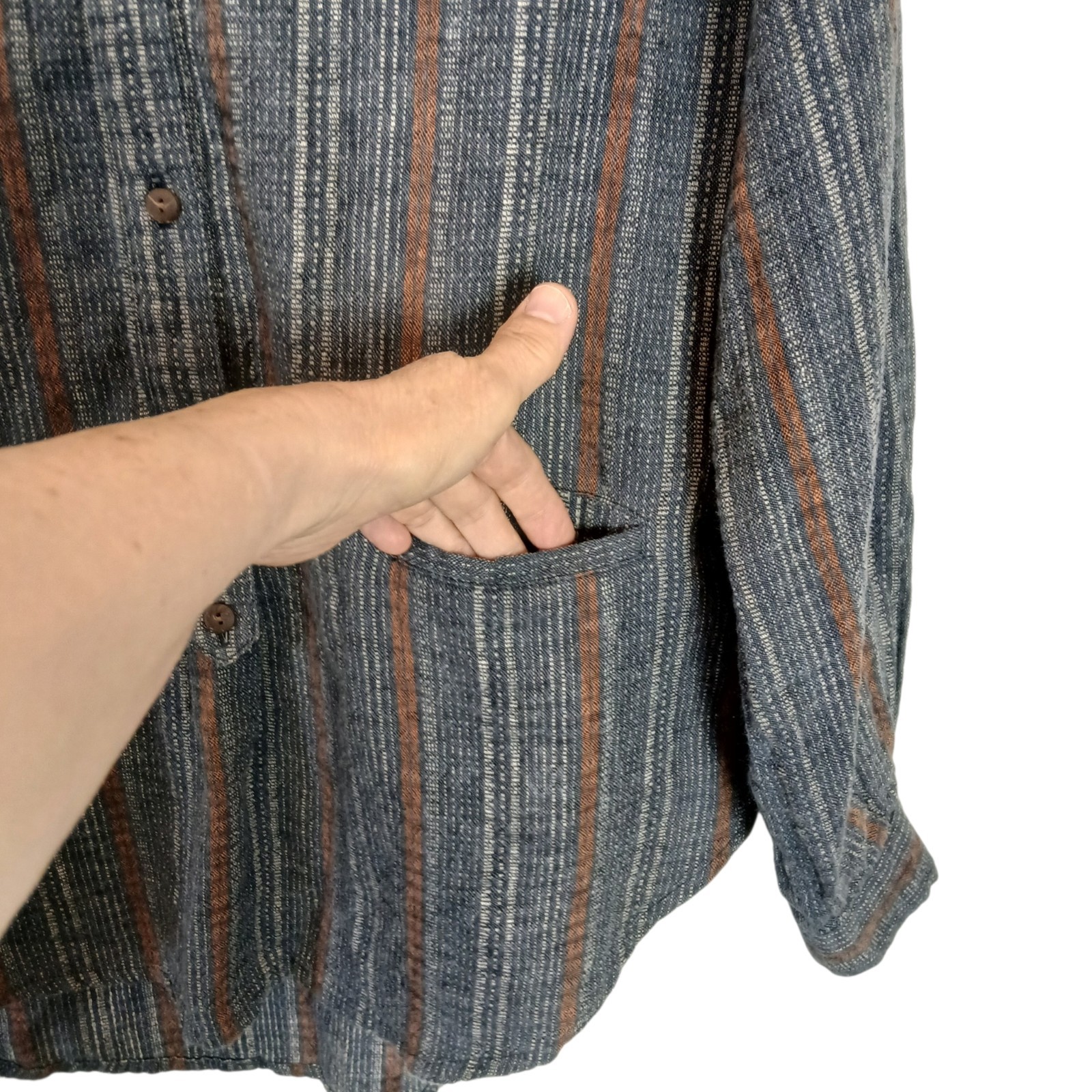 POETRY Shirt Size 8 Womens Hemp Organic Cotton Blend Blue Striped Button Down