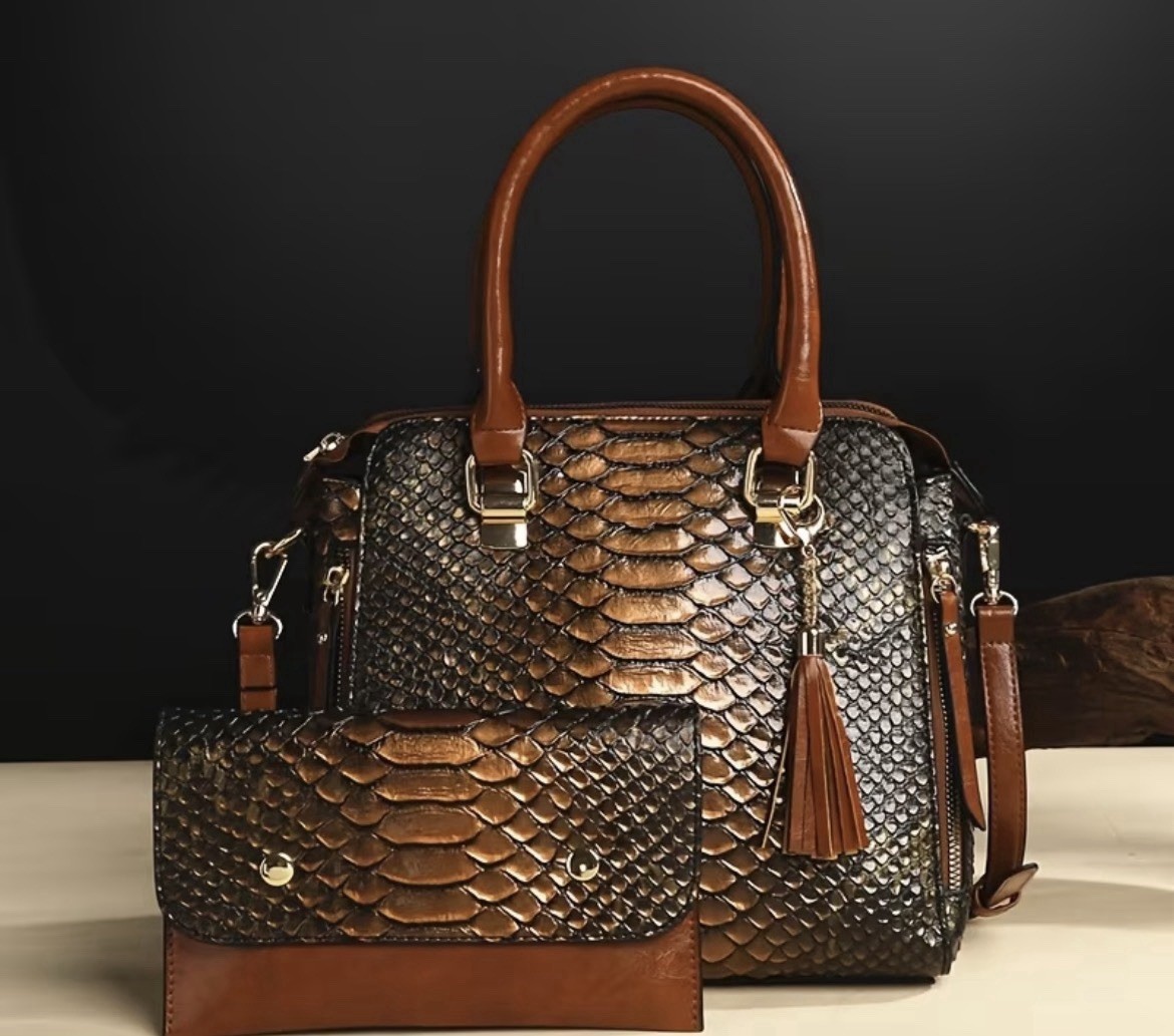 Snake Embossed Brown Satchel Top Handle Bag Zip, Tassel, Detachable Strap