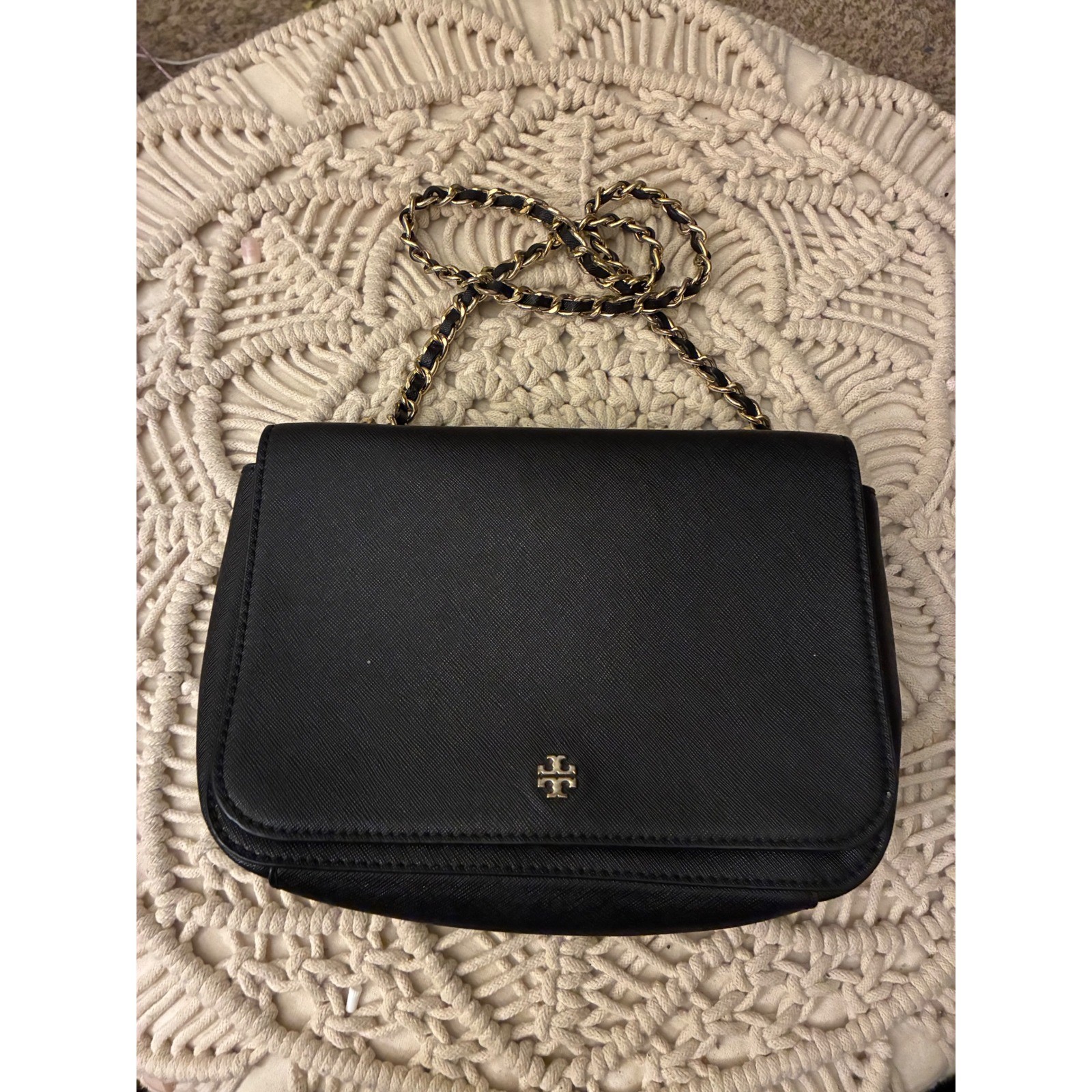 Tory Burch Robinson Black Saffiano Leather Chain Crossbody Bag Gold Hardware