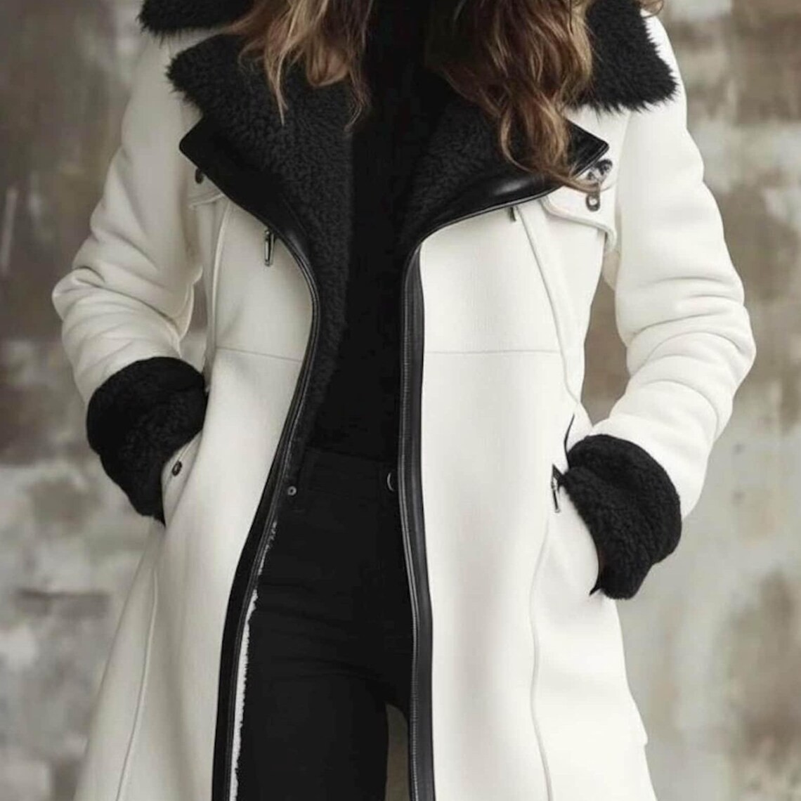 Women’s Shearling Leather Coat | Handmade White Shearling Coat with Fur Collar