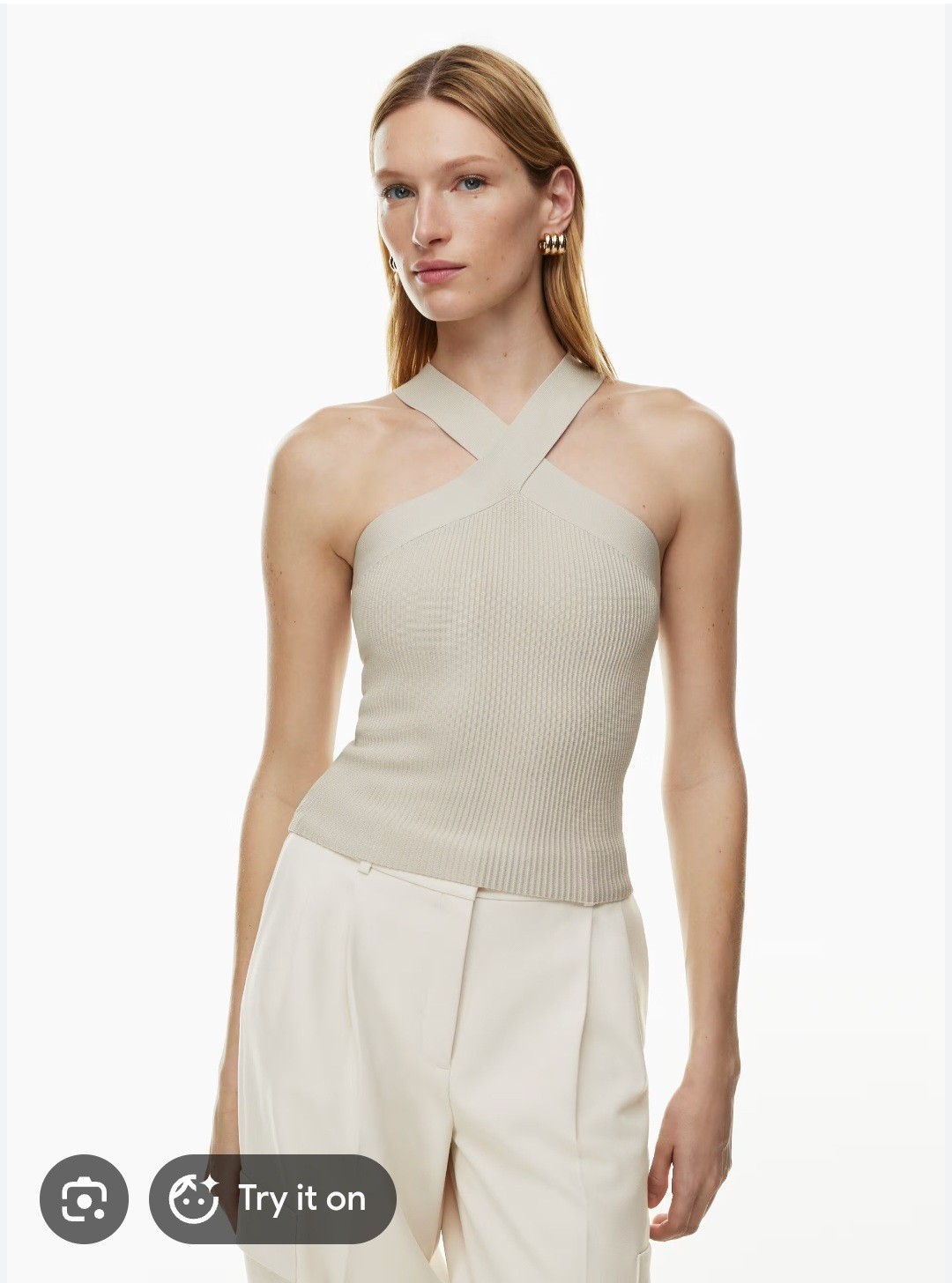TWO Babaton Sculpt Knit Criss Cross Cropped Tank Tops — Cream & Grey. Size XL