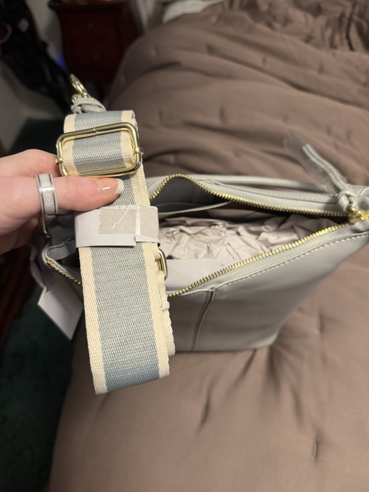 Katie Loxton Gray Pebbled Medium Shoulder Bag Gold Hardware Zip Detachable Strap