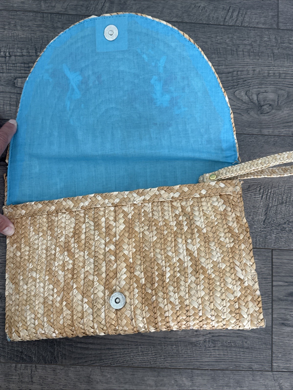 Woven Straw With Embroidered Flowers Snap Close Wristlet