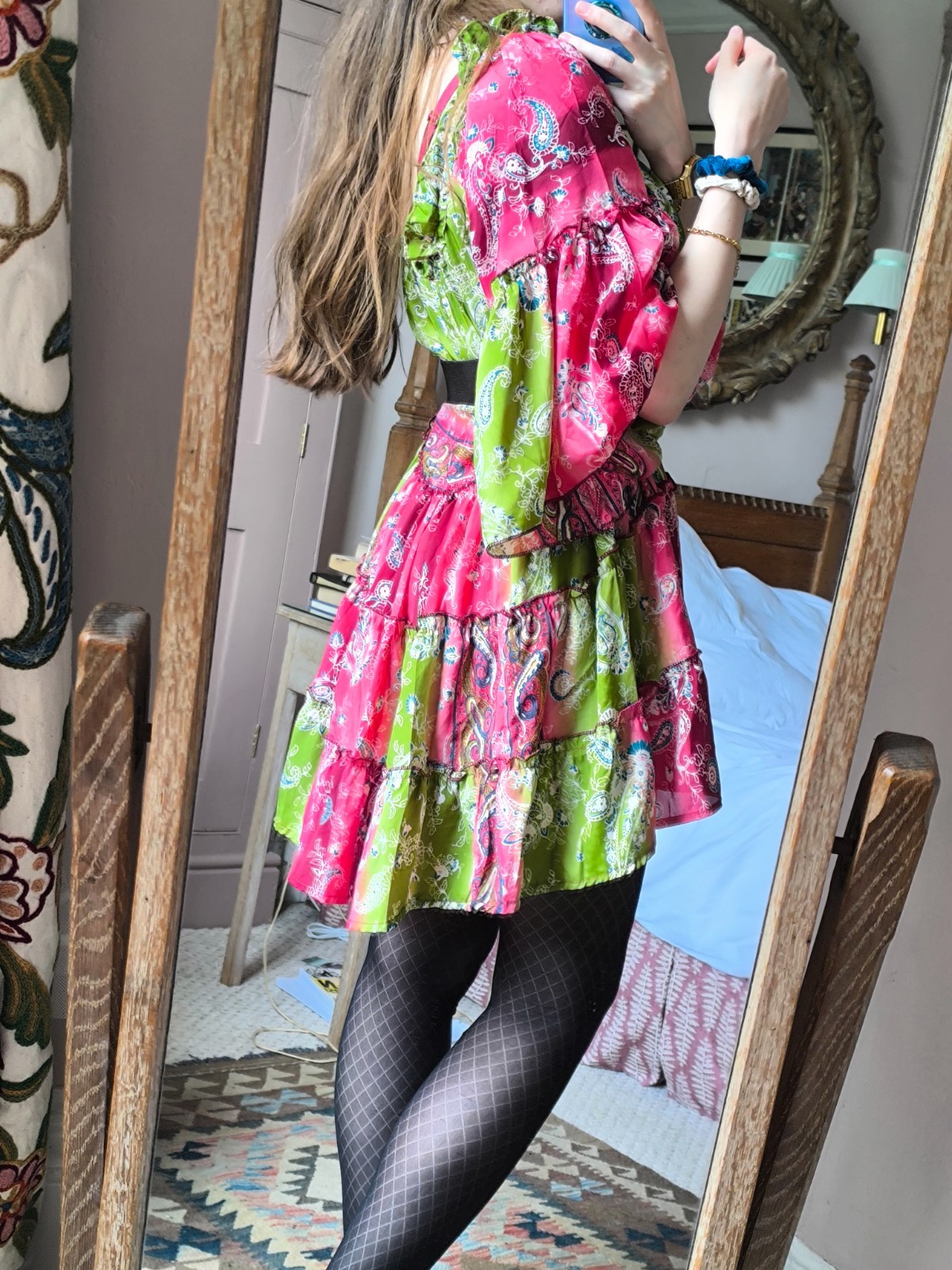 BOHO Faux Silk Flared Fluonce Sleeve Tiered Tunic Paisley Mini Dress 8 10 12 14