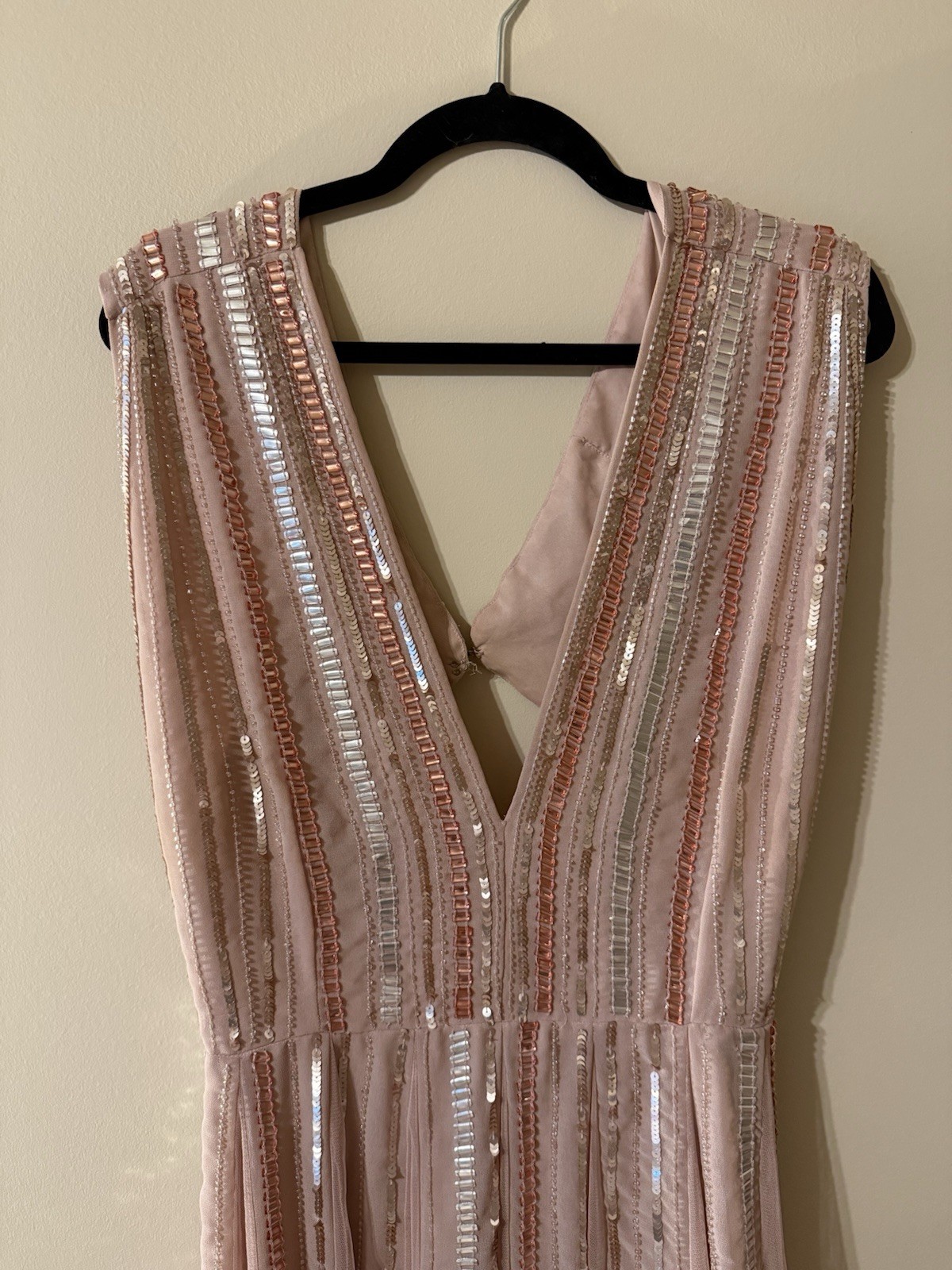 ASOS Pink Sequin Tulle V-Neck Sleeveless Open Back Lined Zip Midi Dress US 14
