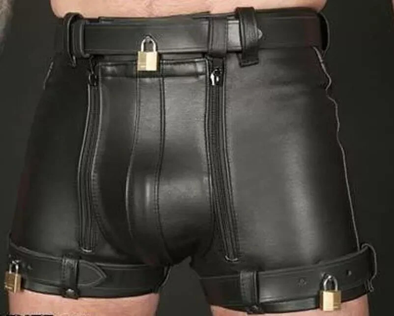 REAL LEATHER MEN’S CHASTITY SHORTS WITH FREE PADLOCKS BLUF SHORTS USA STOCK