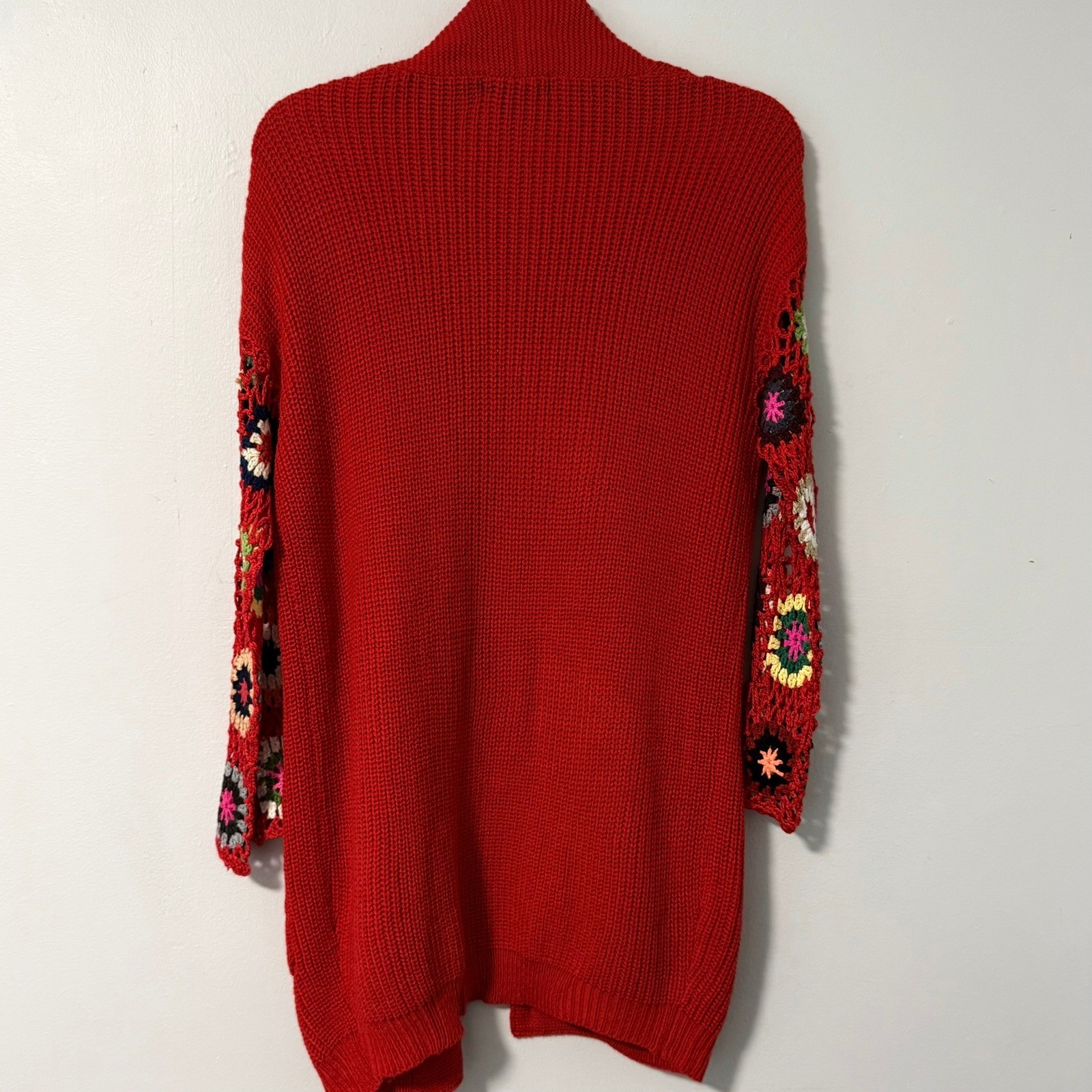 Blakeley Red Crochet Granny Square Sleeve Open Front Cardigan Sweater OS Womens