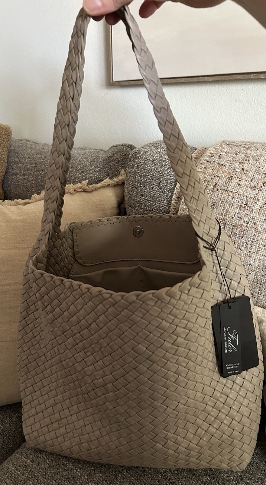 NWT Falor Italian Leather Woven Hobo Handbag Taupe F4000