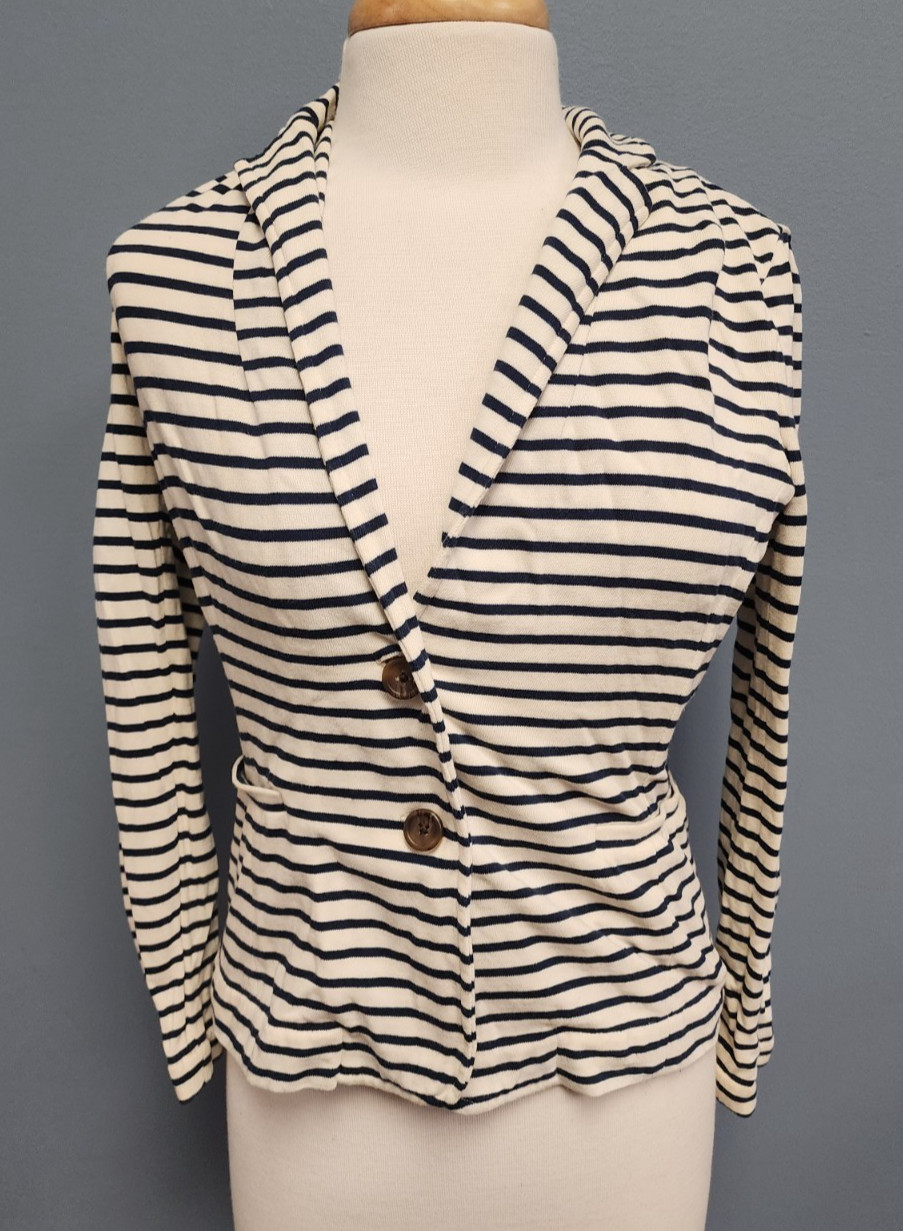 J Crew Maritime Knit Off White Navy Blue Striped Cotton Blazer Womens S Small