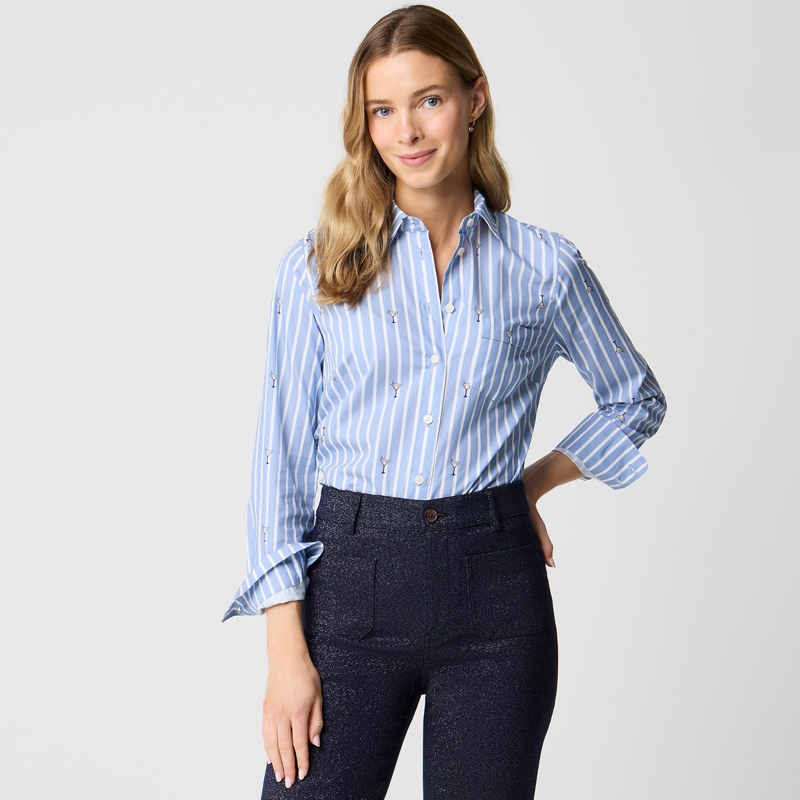NWT J CREW Petite Blue Stripe Martini Print Cotton Stretch Shirt Sz PM