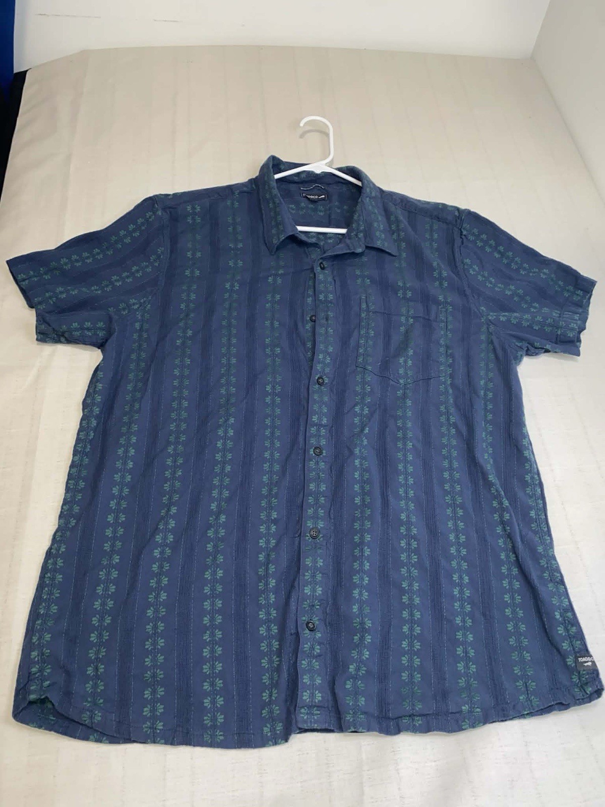 Toad&Co Men’s XXL Blue Green Embroidered Striped S/S Button-Up Shirt Pockets