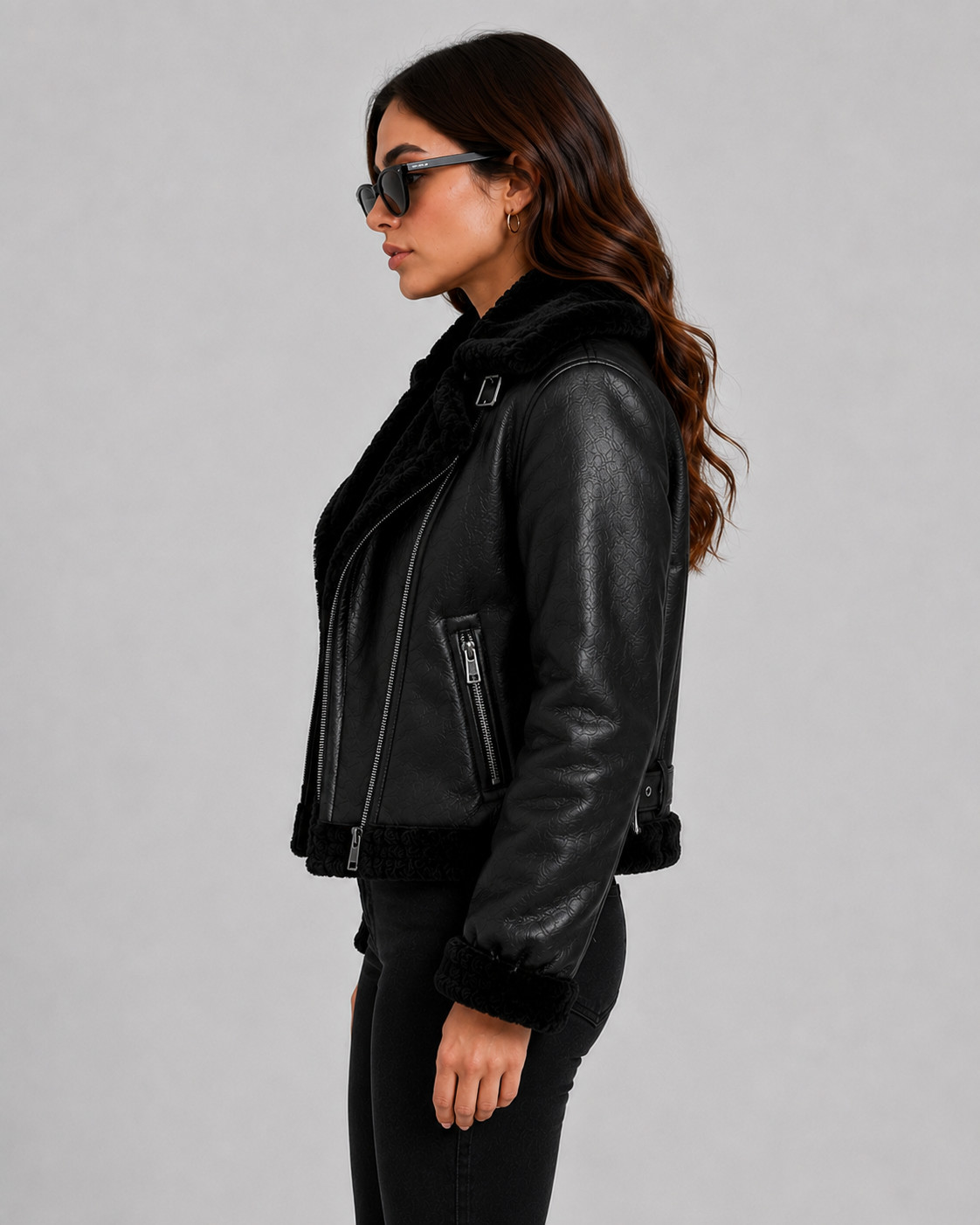 Women’s Black Faux Shearling Leather Jacket – Aviator Biker Winter Coat