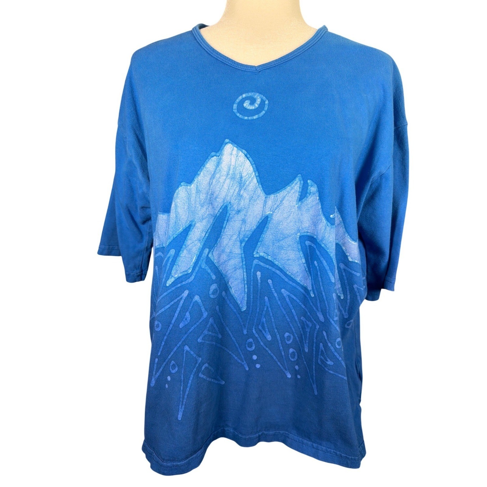 Grebe Batik Blue Mountain Celestial Moon Sun Cotton T-Shirt Women Large USA Made