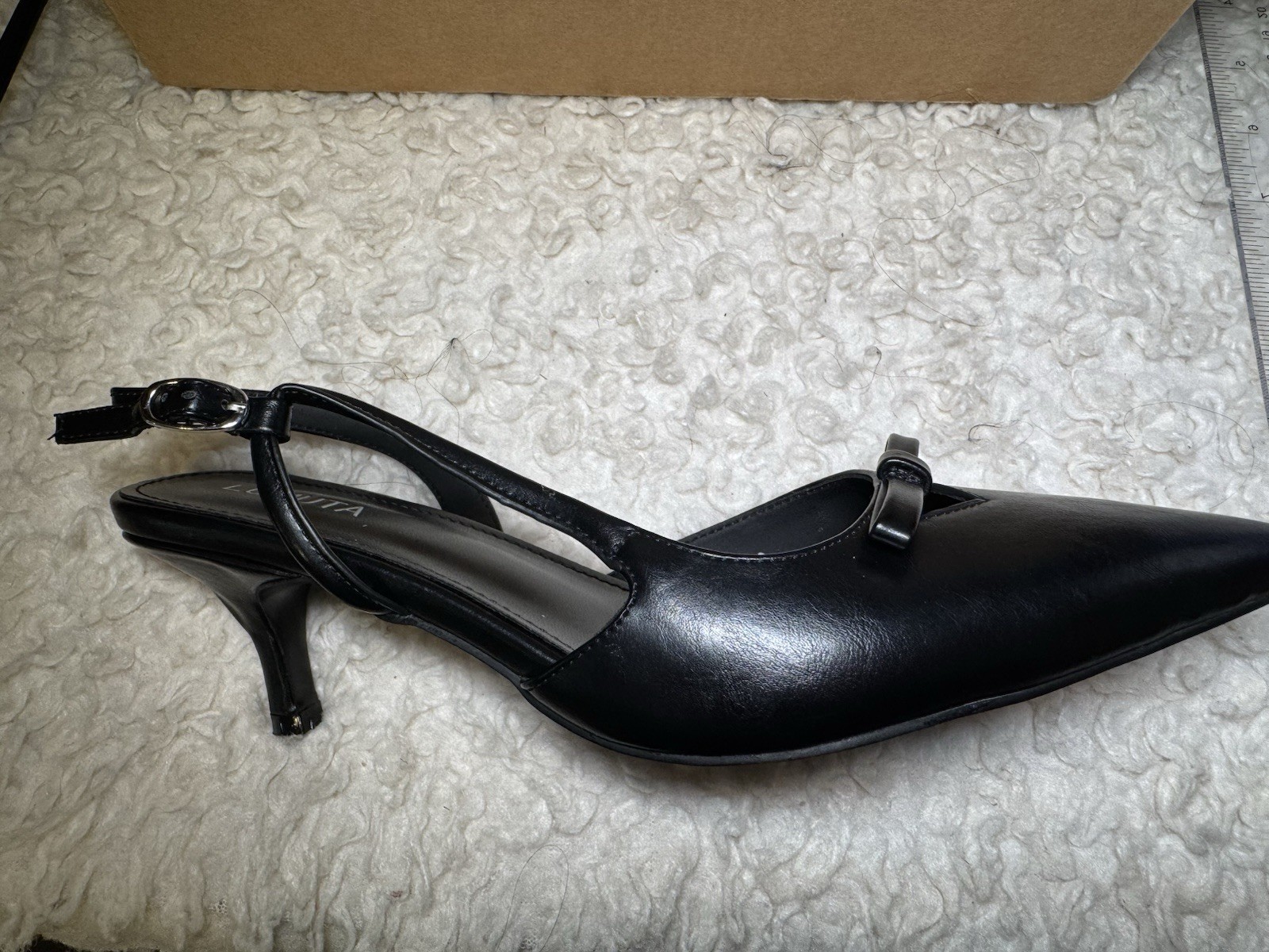 LUMUTA Women’s Black Pointed Toe Slingback Bow Buckle Synthetic Heels US 8