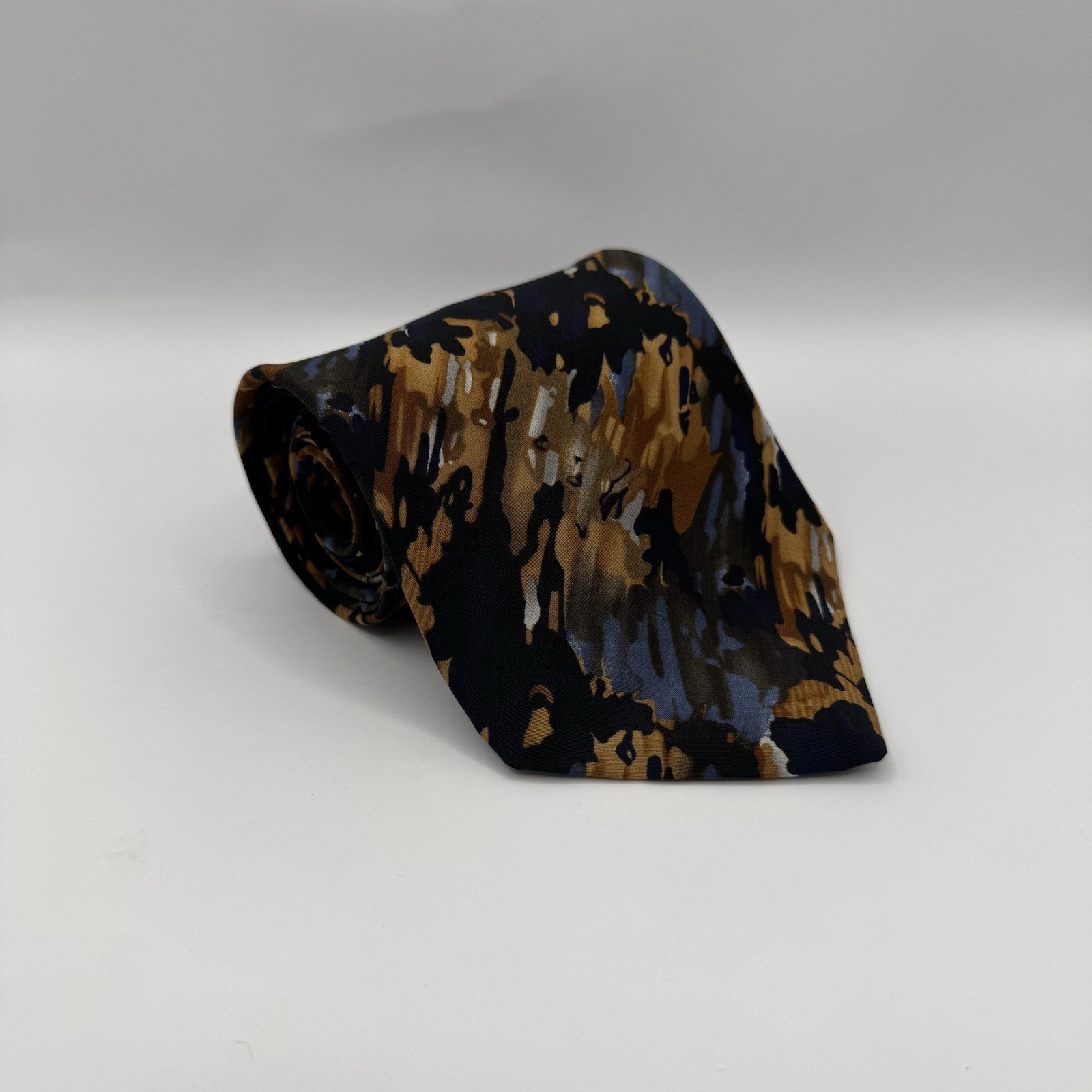 Vintage Cocktail Collection Brushstroke Silk Blue Brown Abstract Wide Necktie