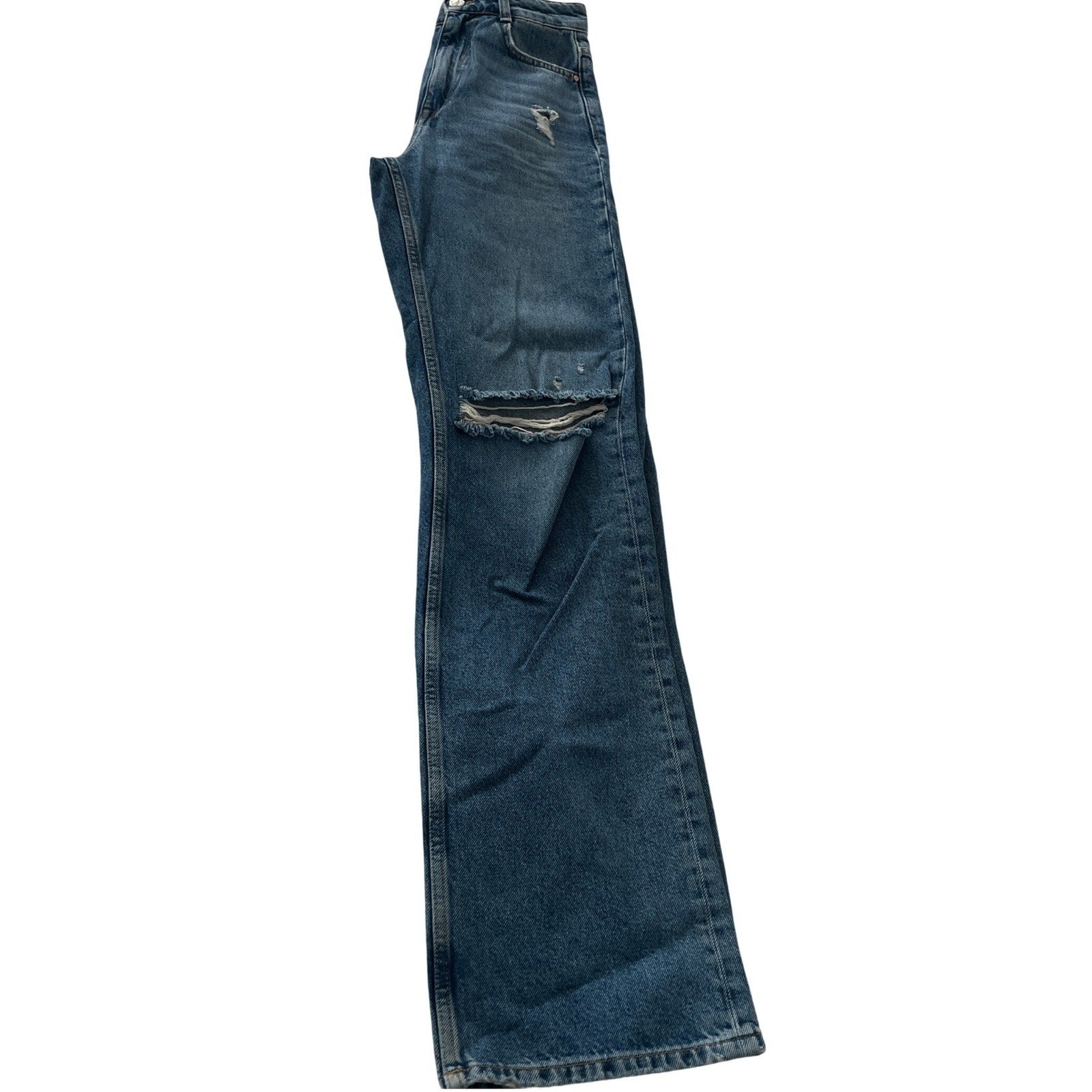 ZARA High Waist Straight Leg Distressed Blue Jeans 2 26×33 Tall 90s Grunge Y2K