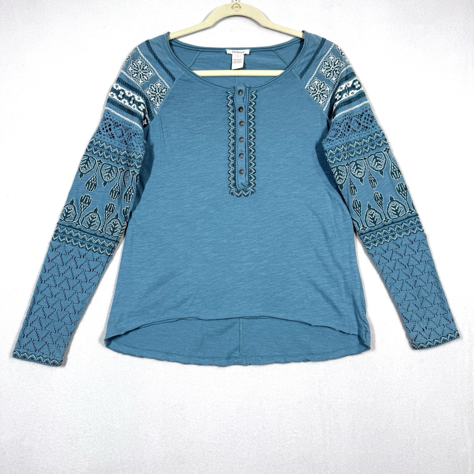 Sundance Top Womens Small Henley Embroidered Crochet Sleeve Bohemian Bella Swan