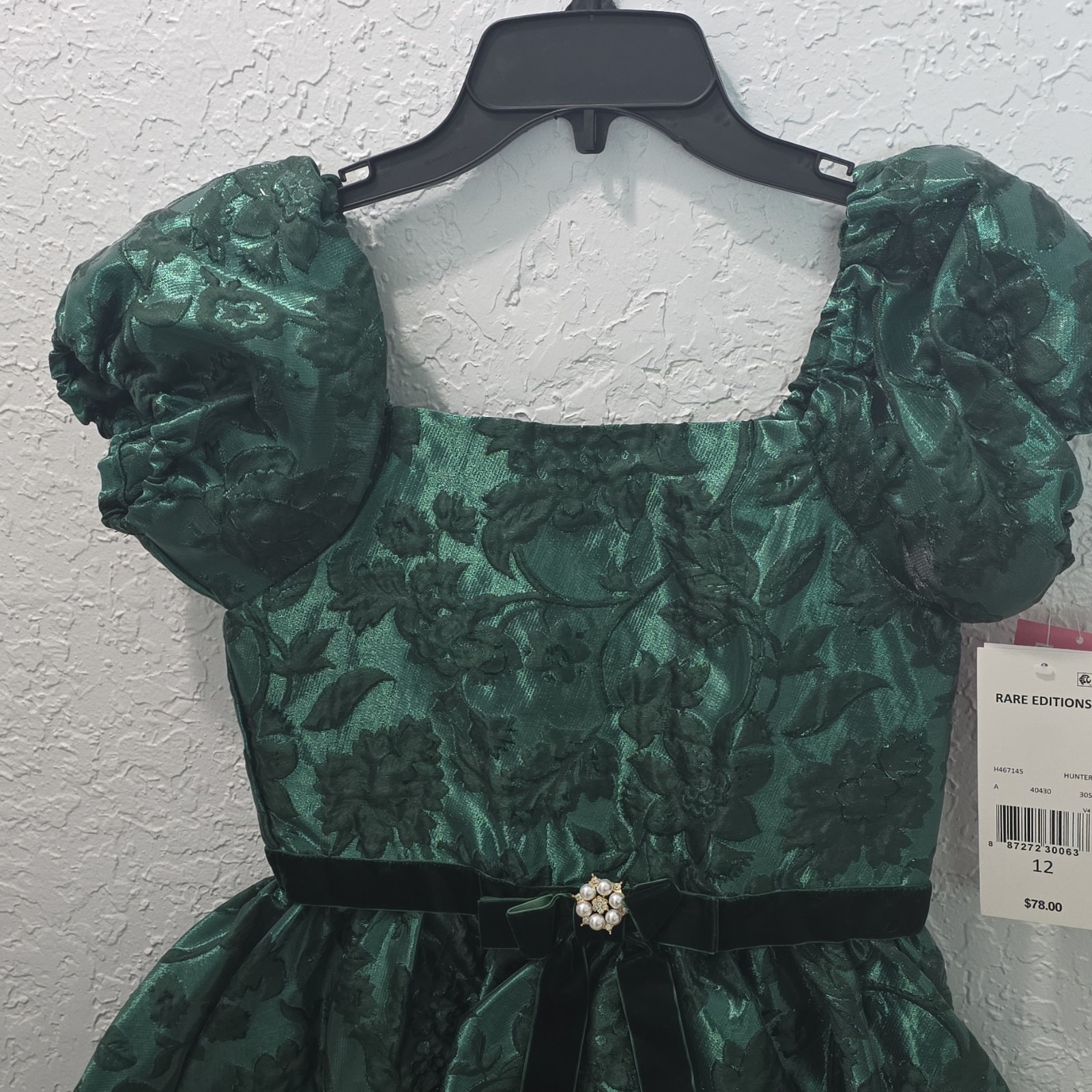 Rare Editions Hunter Green Floral Fit & Flare Puff Sleeve Girls Dress 12 Party