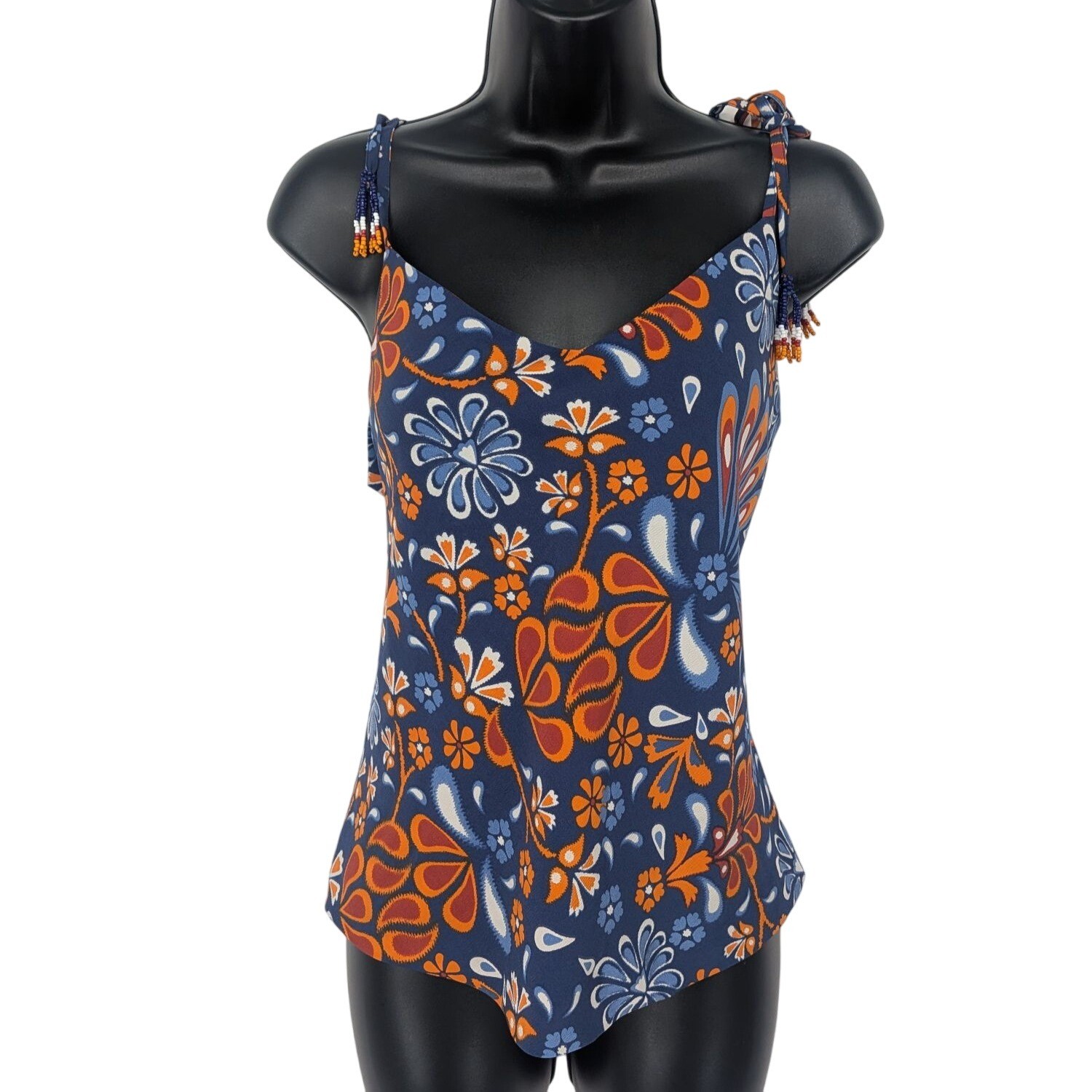 Boho Floral Tank Top Beaded Tie Straps Festival Hippie Resort Folk Artsy Medium