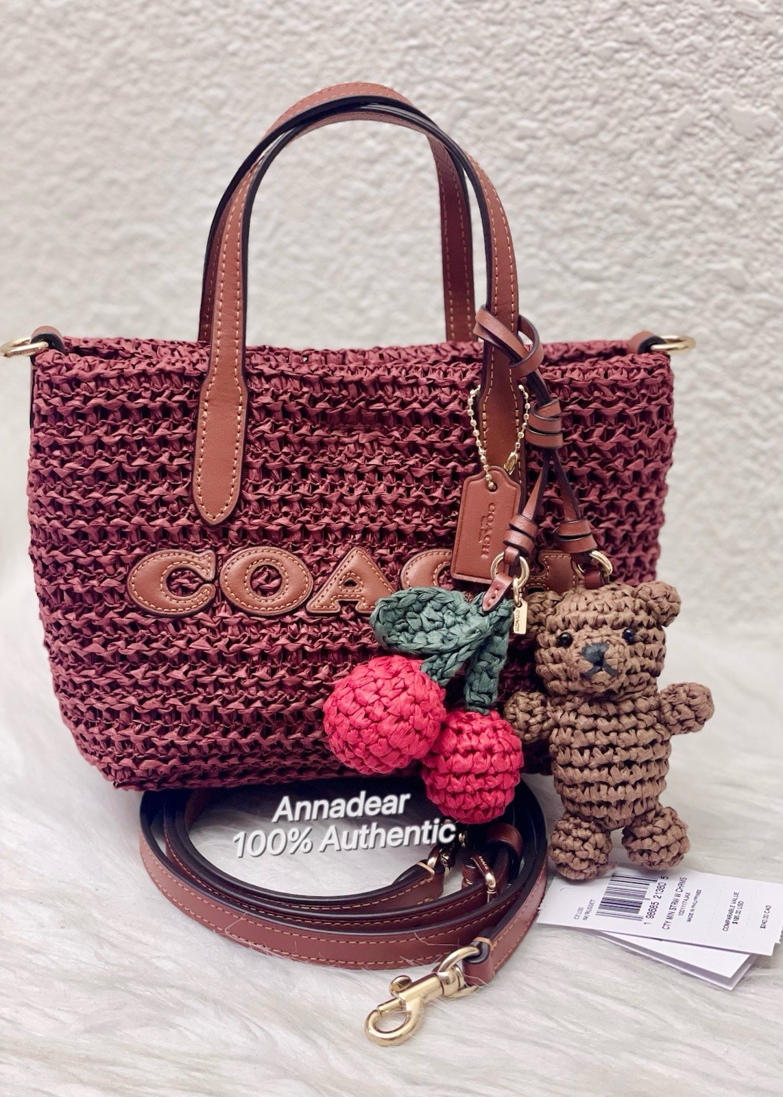 NWT Coach CEU30 City Mini Tote Bag With Charms in straw & Leather Gold/Russet