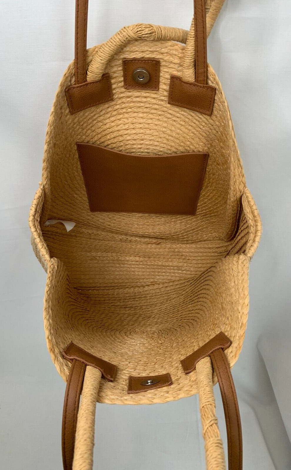 Large Jute Tote Straw Woven Circular Round HandBag Shoulder Straps Tan Beach