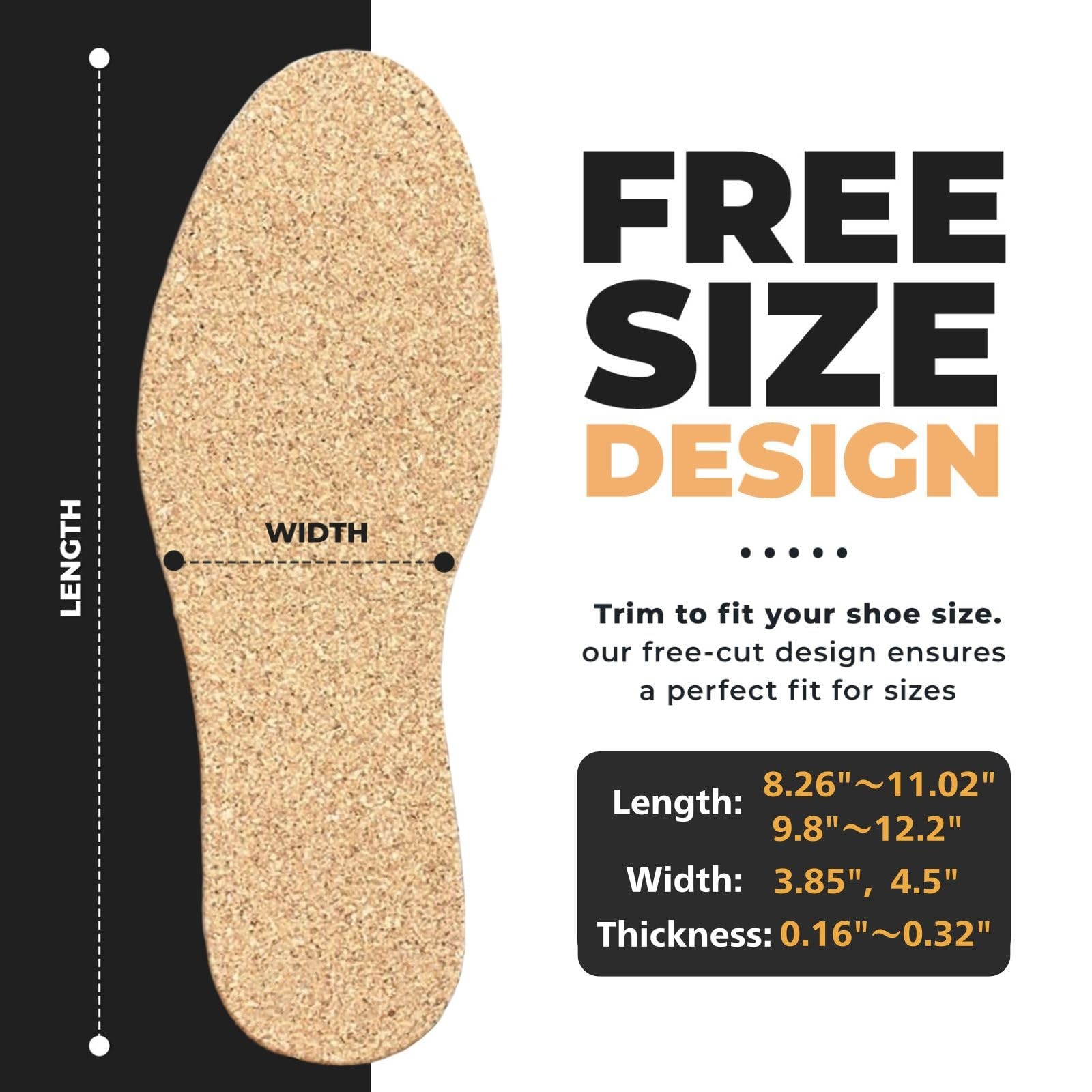 Cork Insoles, Flat Shoe Inserts, Natural 9.8～12.2inches/4mm(0.16 Inch), Brown