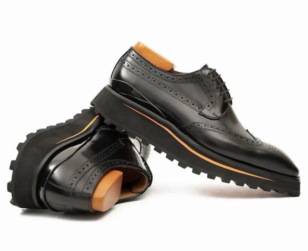 Divinch 6CM Heel Chunky Platform Brogues Black Calfskin Wingtip Derby 2886B Sz 8