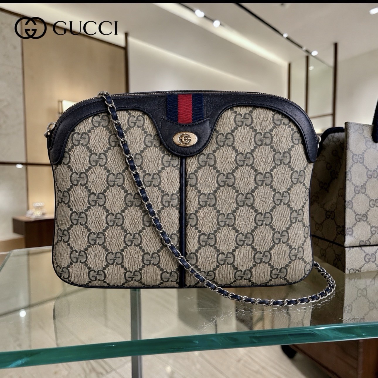 Authentic Gucci Beige GG Supreme Crossbody Web Stripe Bag 2 straps-chain