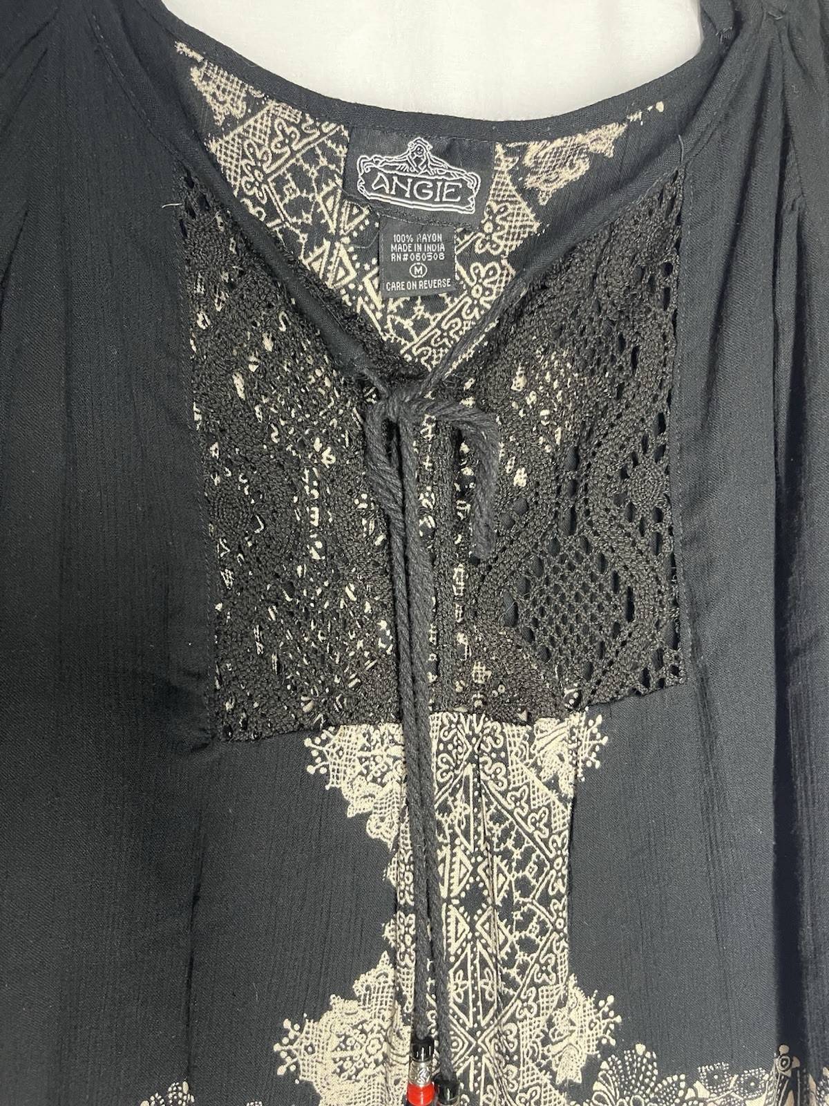 Angie Cold Shoulder Crochet Tassel Bell Sleeve Top Hippie Boho Size M Paisley