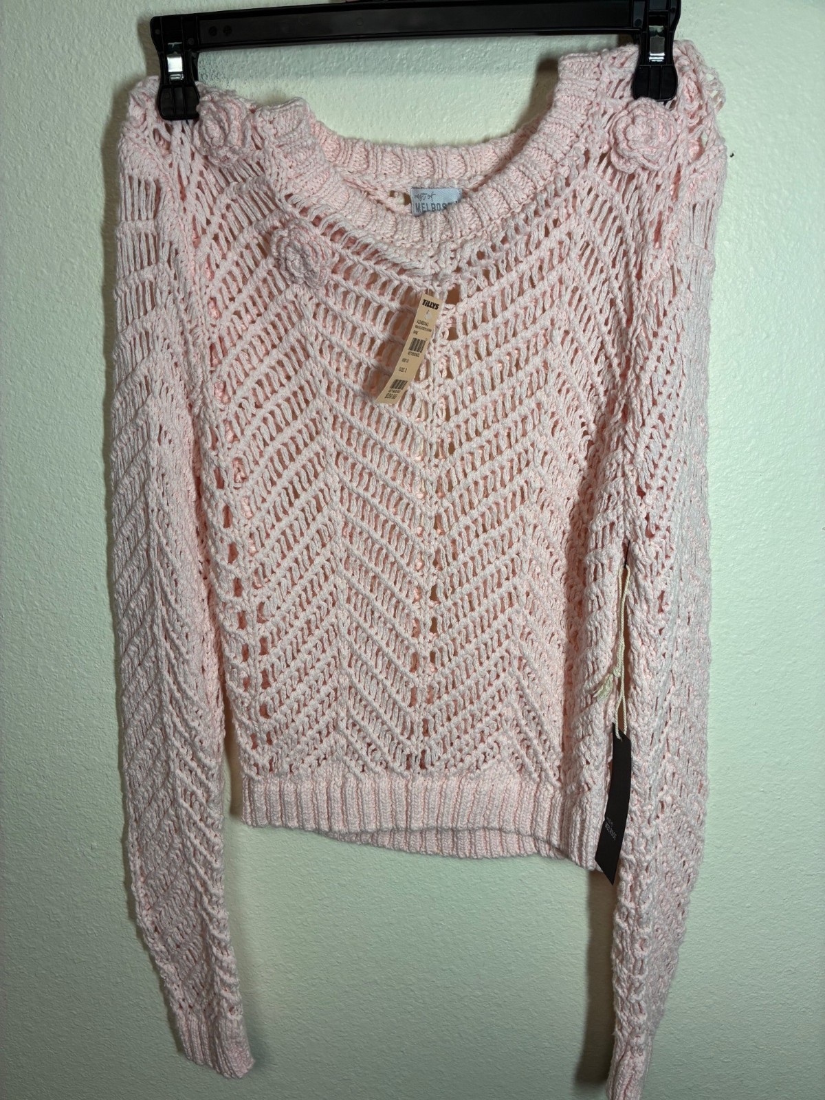 NWT West of Melrose Open Knit Sweater Boho Cottage Y2K Cotton Pink Size Small