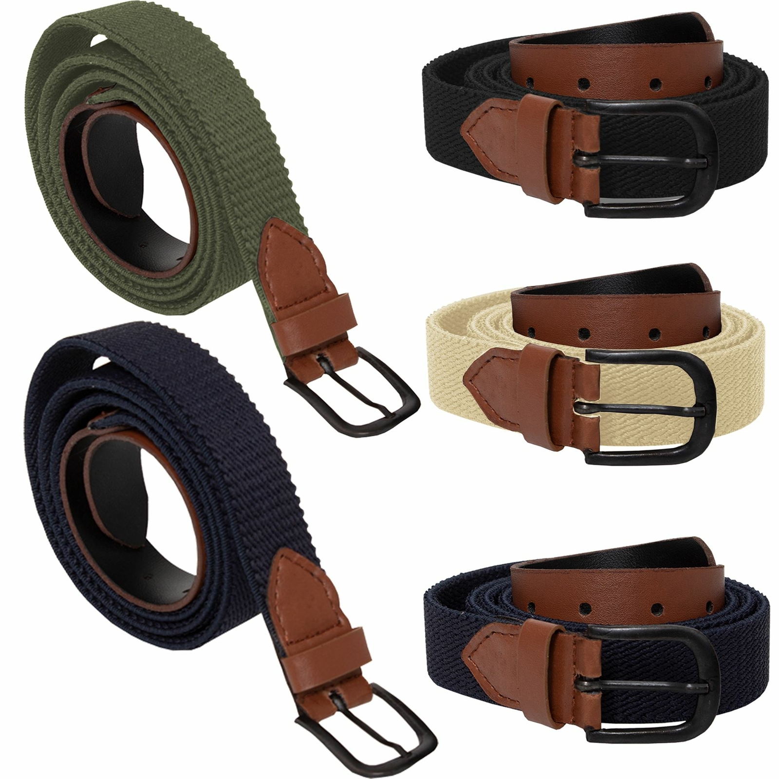ENZO Mens Womens Elasticated Belts Canvas Stretch PU Leather Trim Braided Belt