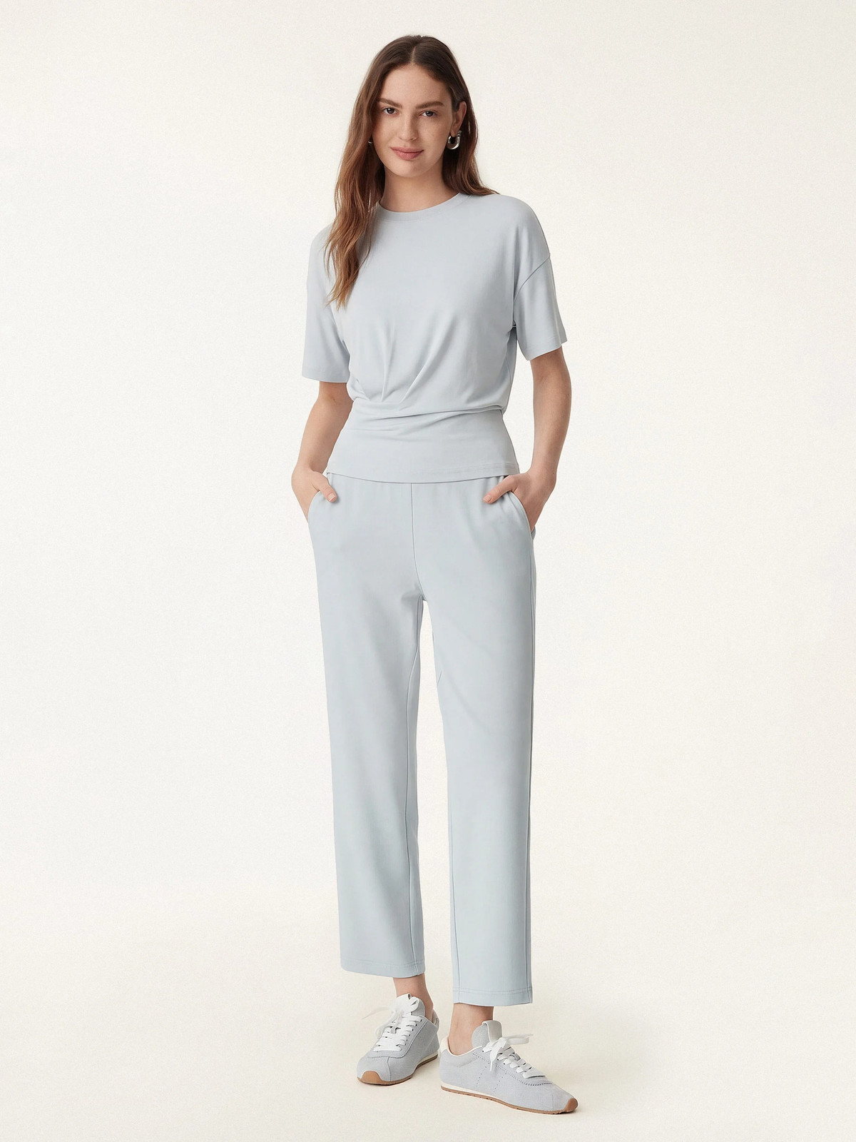 2Pcs Set Crewneck Tucked Tee & Mid Rise Tapered Pant with Pockets