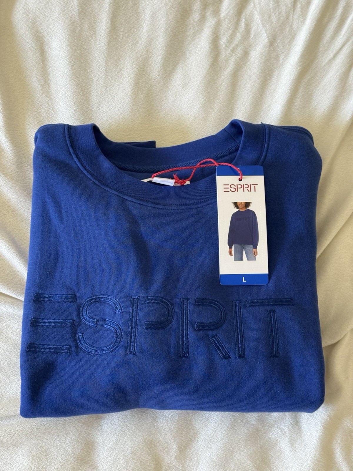 Esprit Blue Logo Graphic Print Crew Neck Pullover Sweatshirt Size L