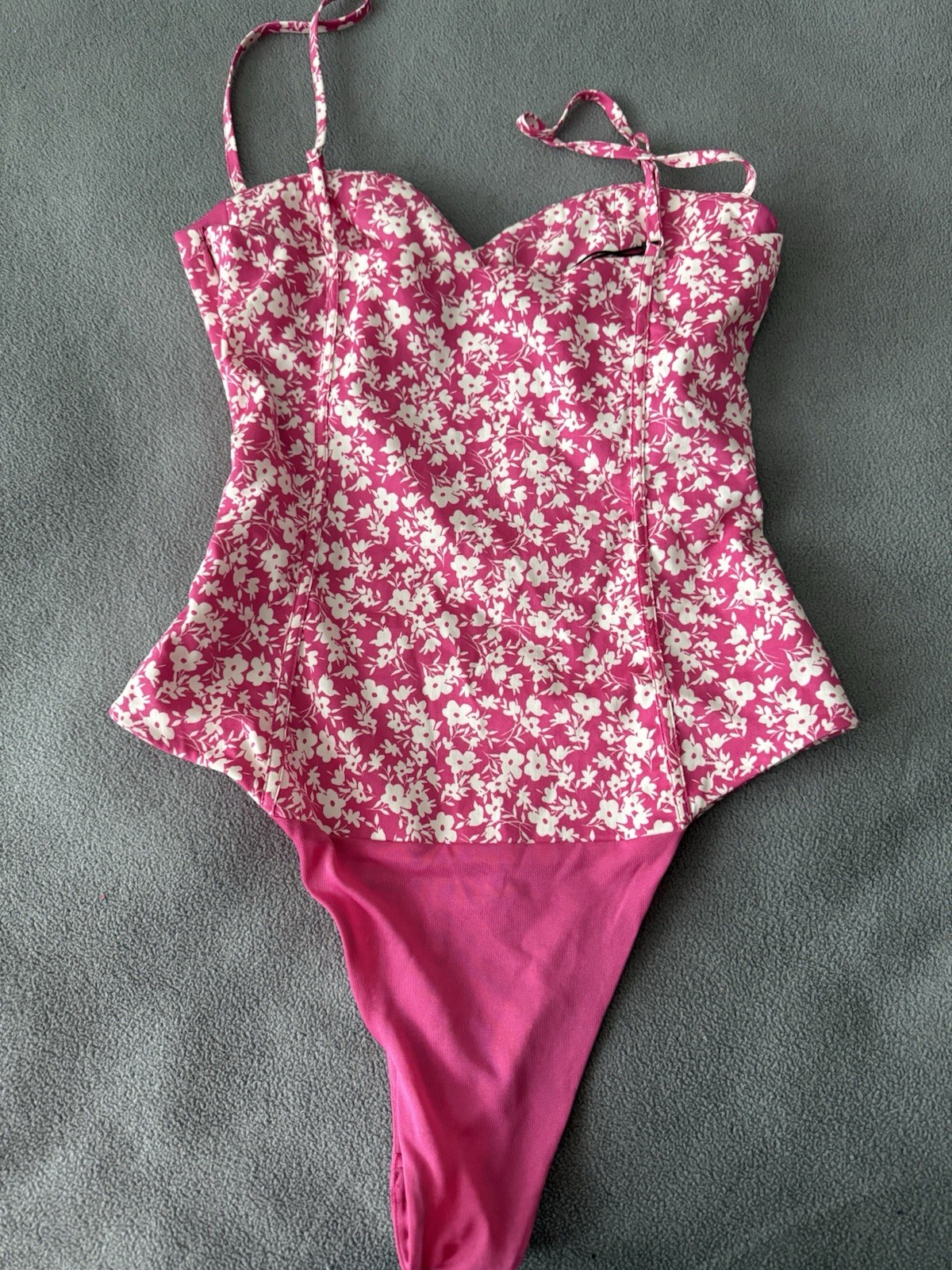 ZARA Pink White Floral One Piece Bodysuit Women’s XS Strap Accent