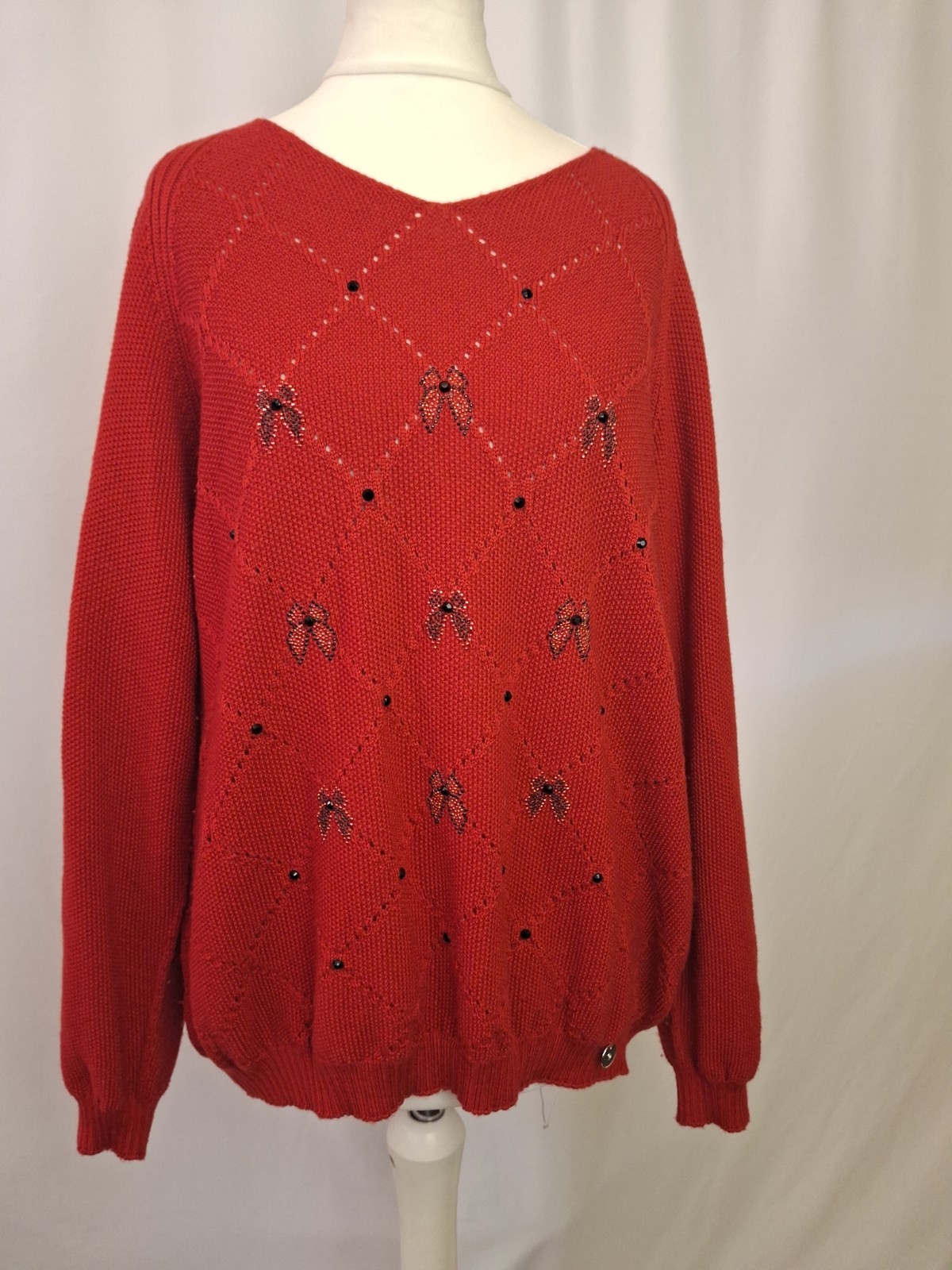 Donatella De Paoli virgin Wool Red Jumper Sweater Large Beaded Bows Italy E5270