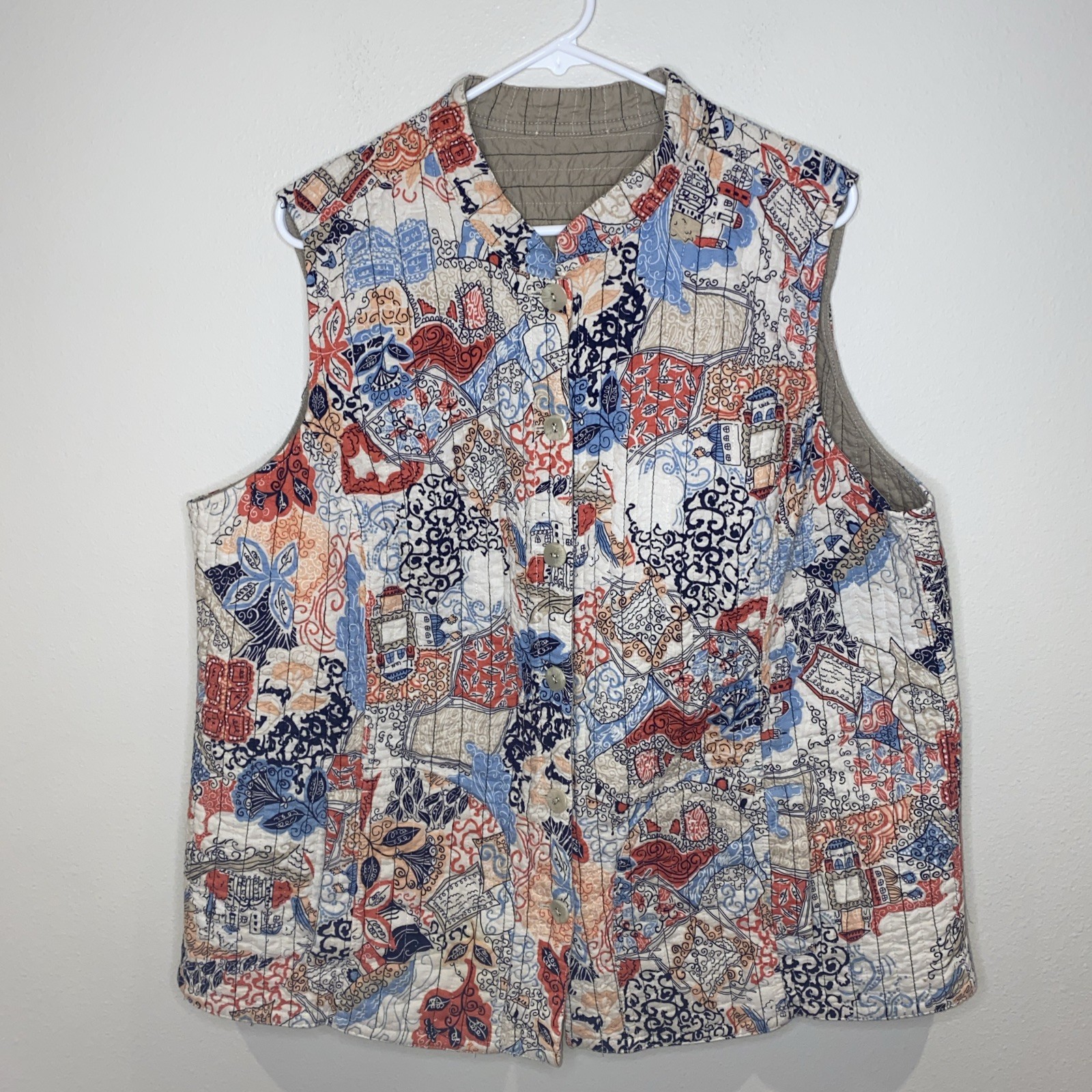 Handmade Reversible Quilted Vest Multicolor Button Closure Pockets XL – 2XL