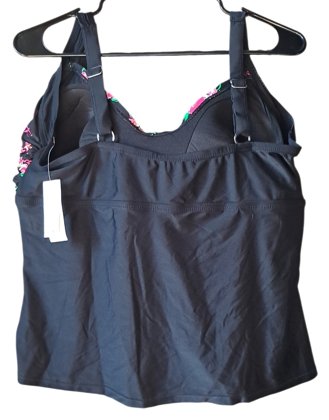 Plus 2X Swim Tankini Top Black Pink White Floral Striped Ruched By BONGO
