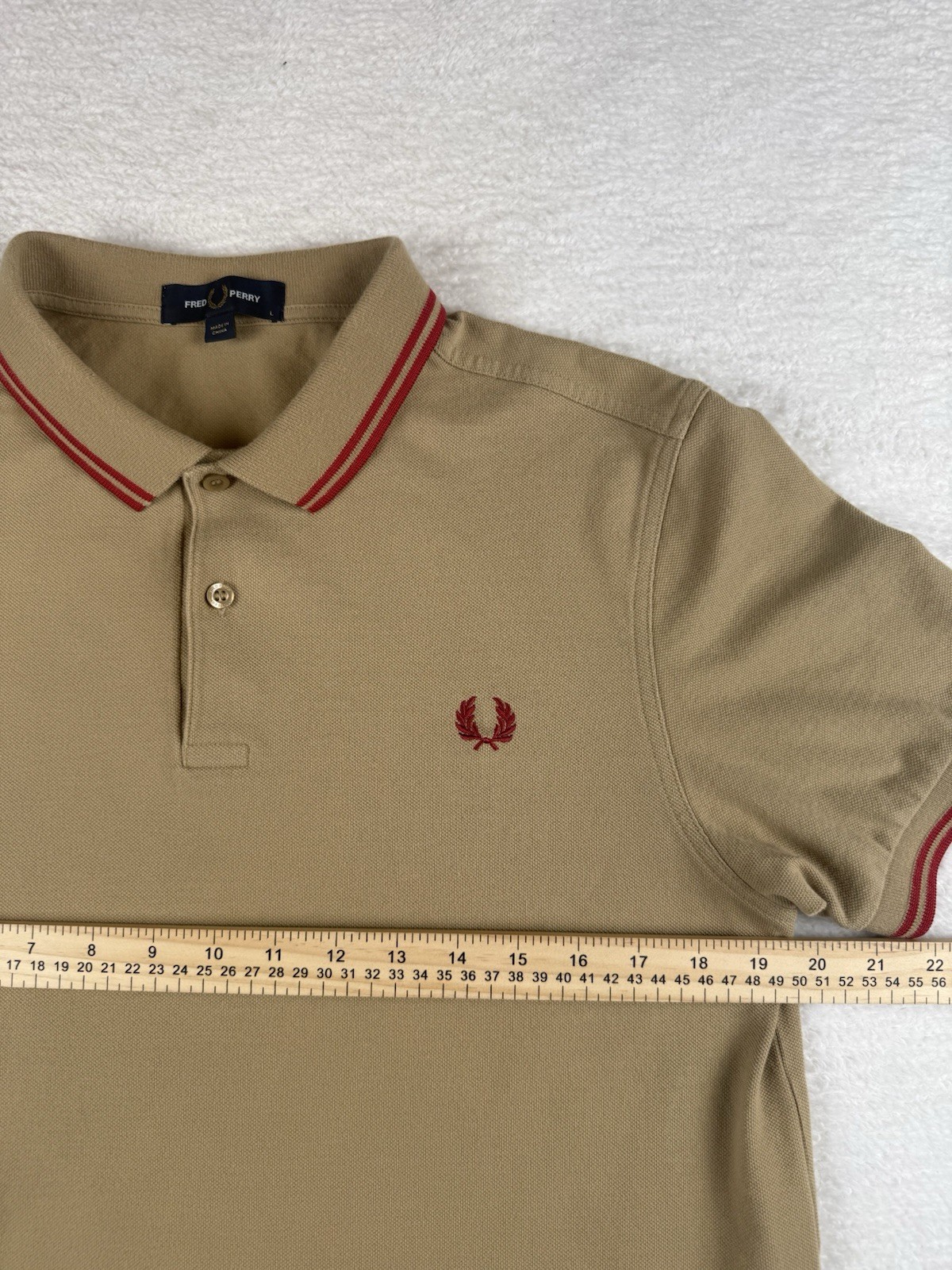 Fred Perry M12 Twin Tipped Summer Polo Shirt Tan/Red Size Men’s Large
