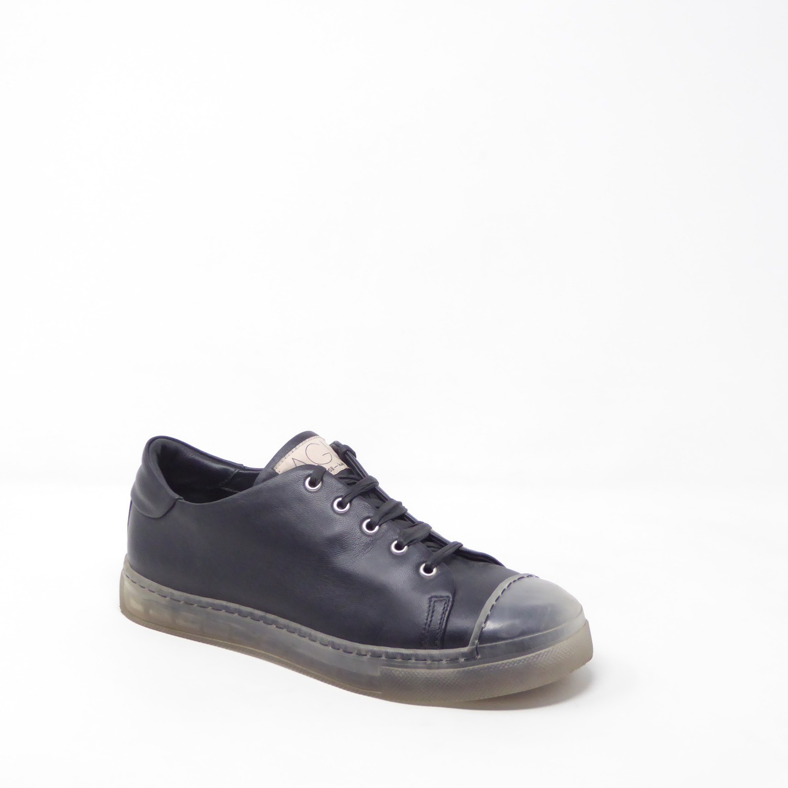 AGL Womens Clear Sole Sneakers Shoes Black Leather Lace Up Cap Toe 38EU / 8US