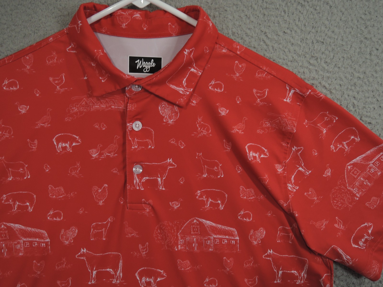 Waggle Polo Shirt Mens Large Red Performance Stretch Golf Farm Animals