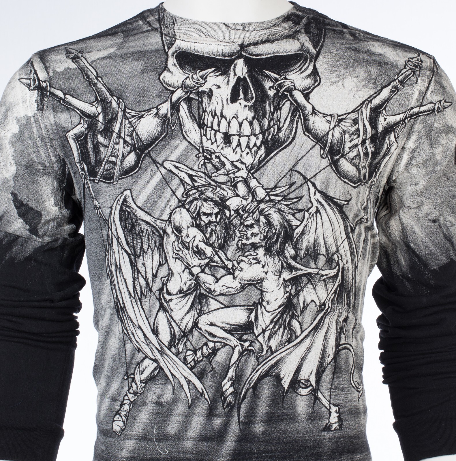 $78 AFFLICTION Black PUPPET MASTER Skull Long Sleeve Slim Fit Y2K T-shirt NWT