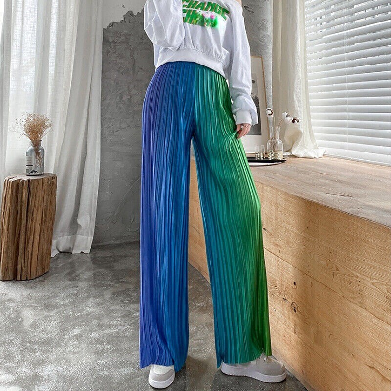 Lady Rainbow Gradient Faux Silk Pants Pleated Tie-Dye Wide-leg Trouser Drape Fit