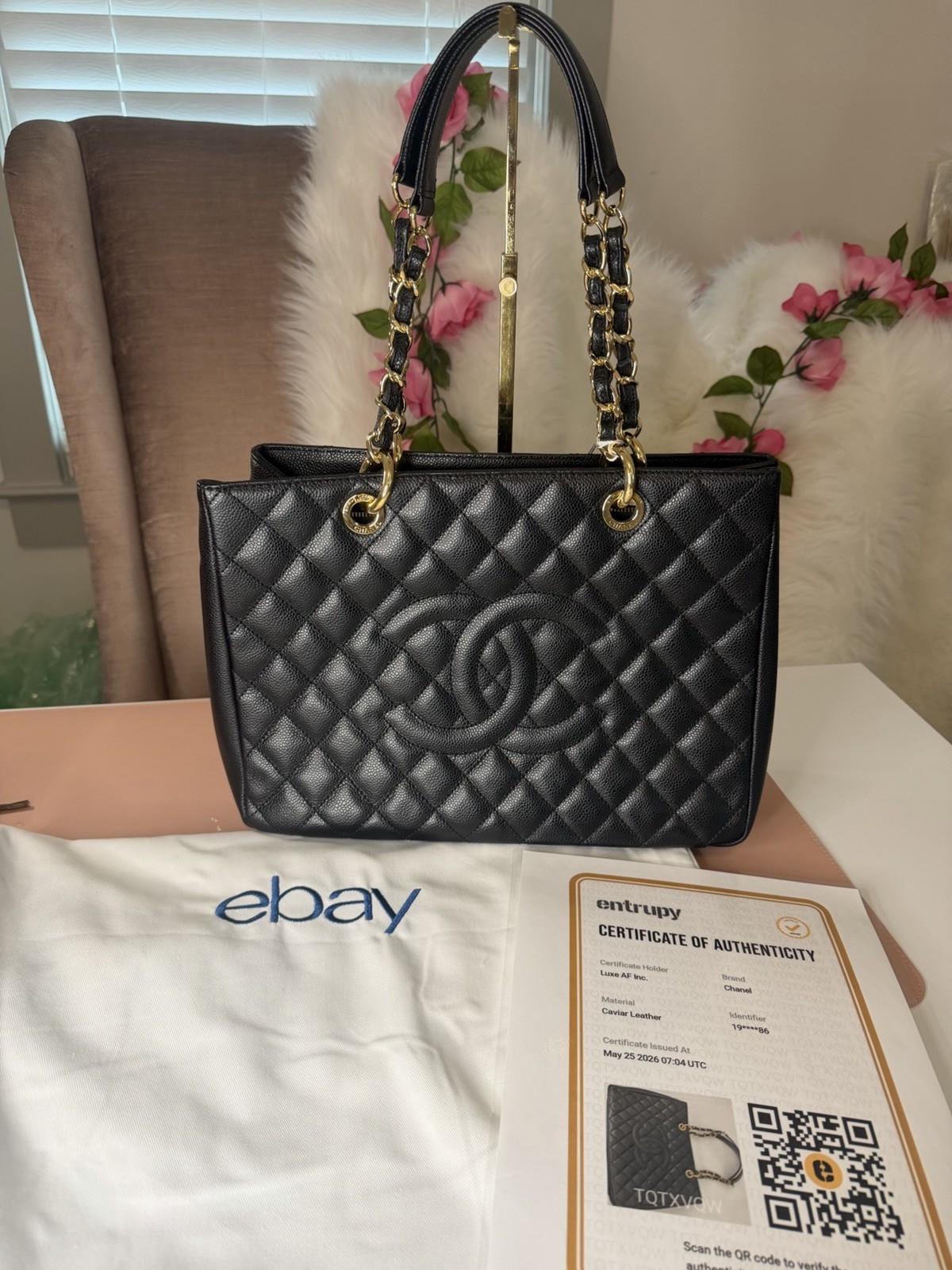 CHANEL Grand Shopping Tote Black Caviar Gold Hardware Triple Authenticated