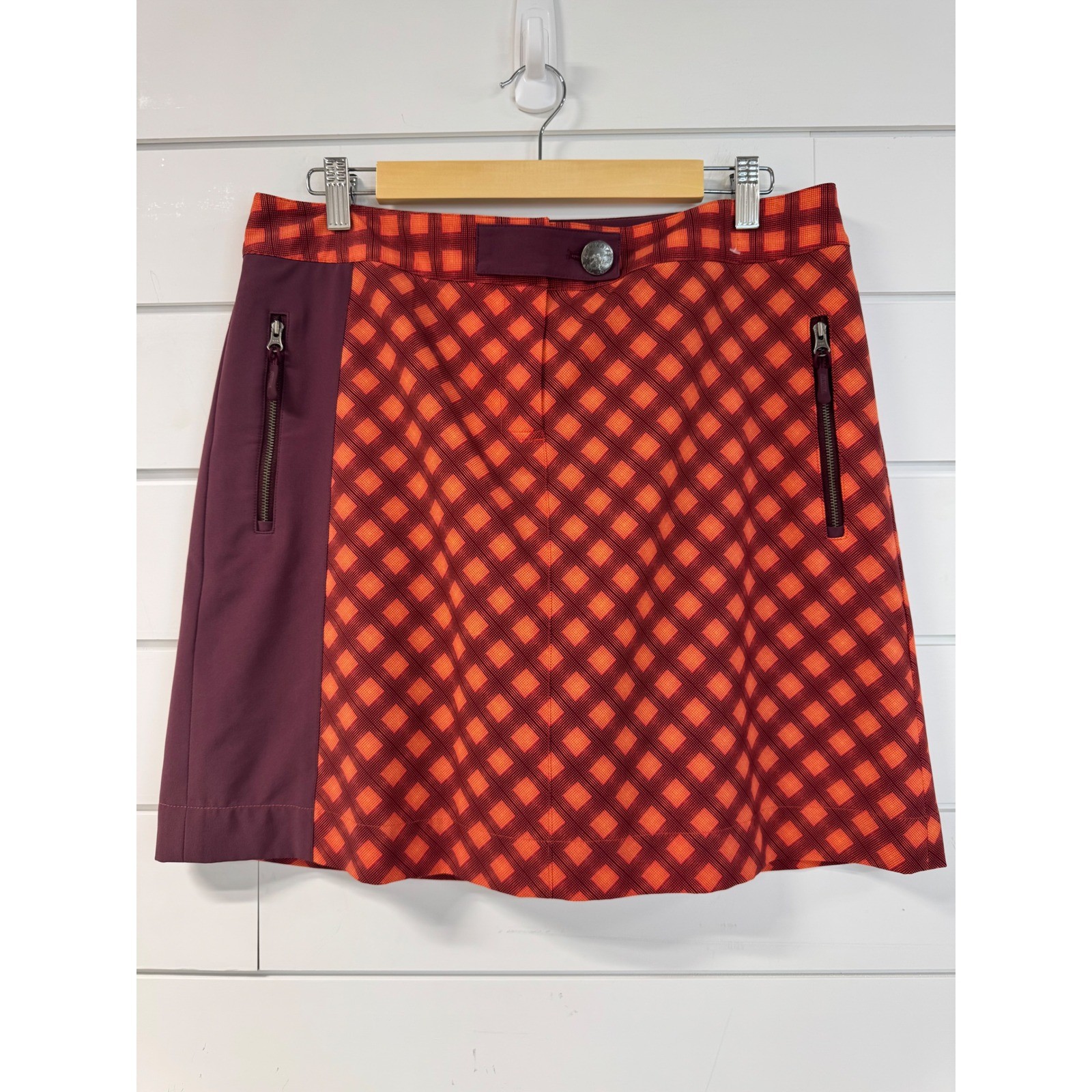 Annika Cutter & Buck Womens Golf Skort Size 10 Orange Burgundy Diamond Print Zip