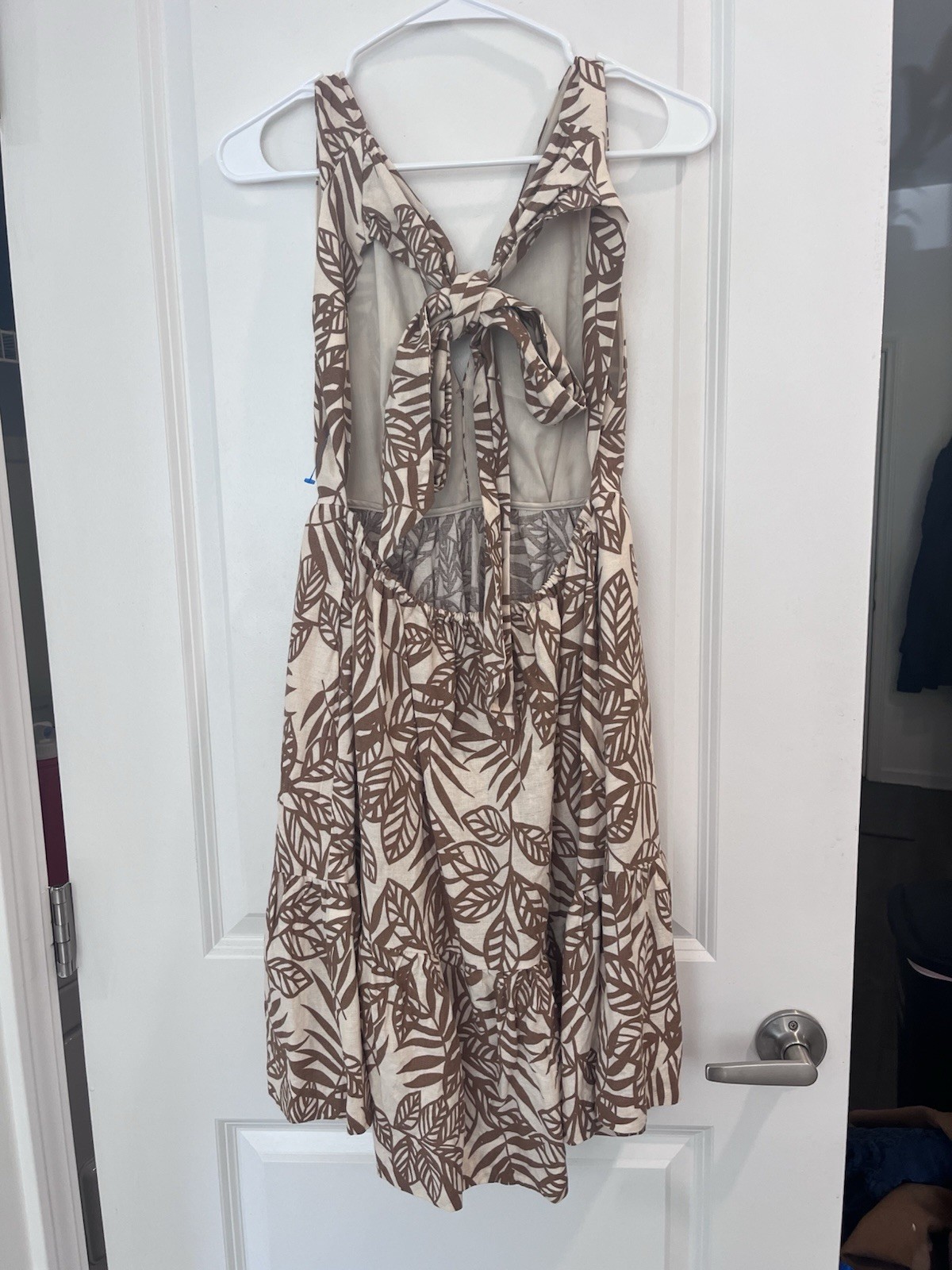 House of Harlow 1960 Linen Blend Tropical Leaf Print Plunge Open Back Dress