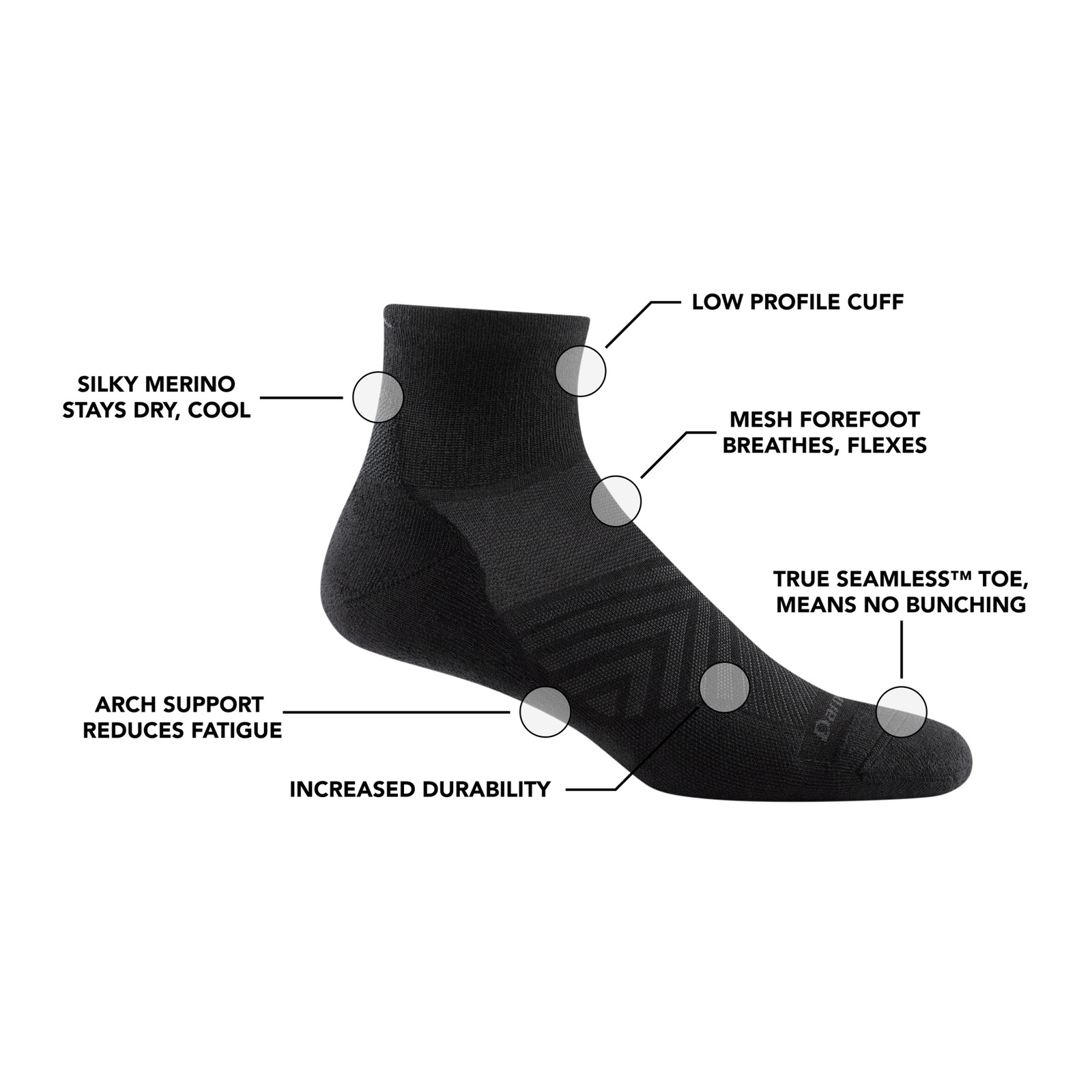 Darn Tough 1040 SkyRacer Gray Run Quarter 1/4 Sock Ultra-Light-Weight Cushion