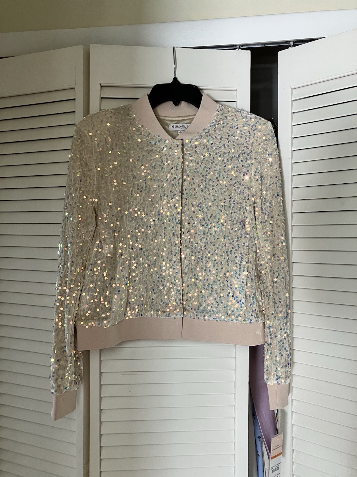 Nanette Lepore Beige Sequin Bomber Jacket Zip-Front Lined Women’s S