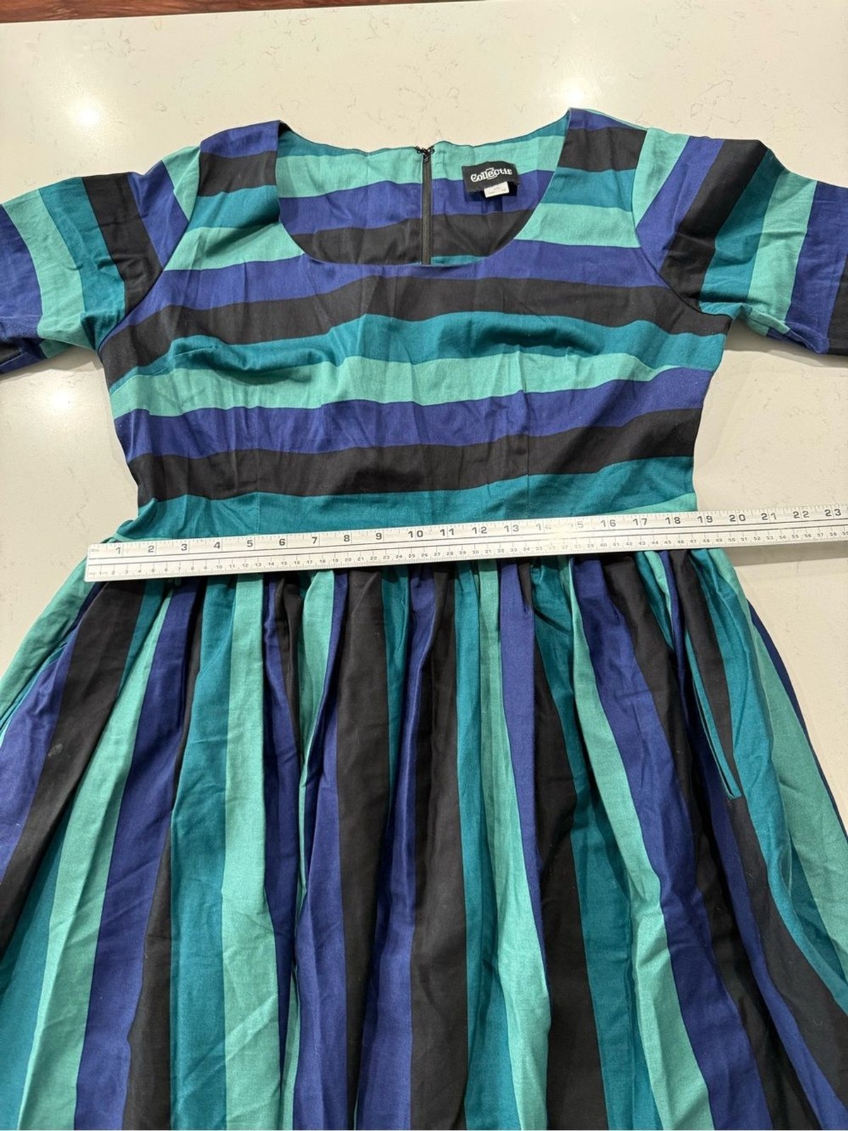 Collectif Teal, Navy & Black Striped Fit & Flare Dress. Size XL