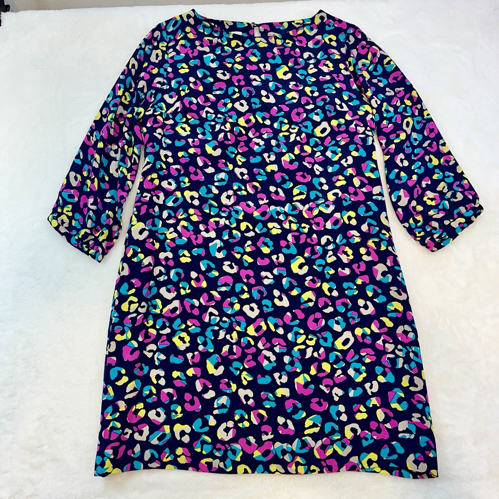 Britt Ryan Shift Dress Sz L Navy Leopard Multicolor 3/4 Slv 100% Silk Made In US